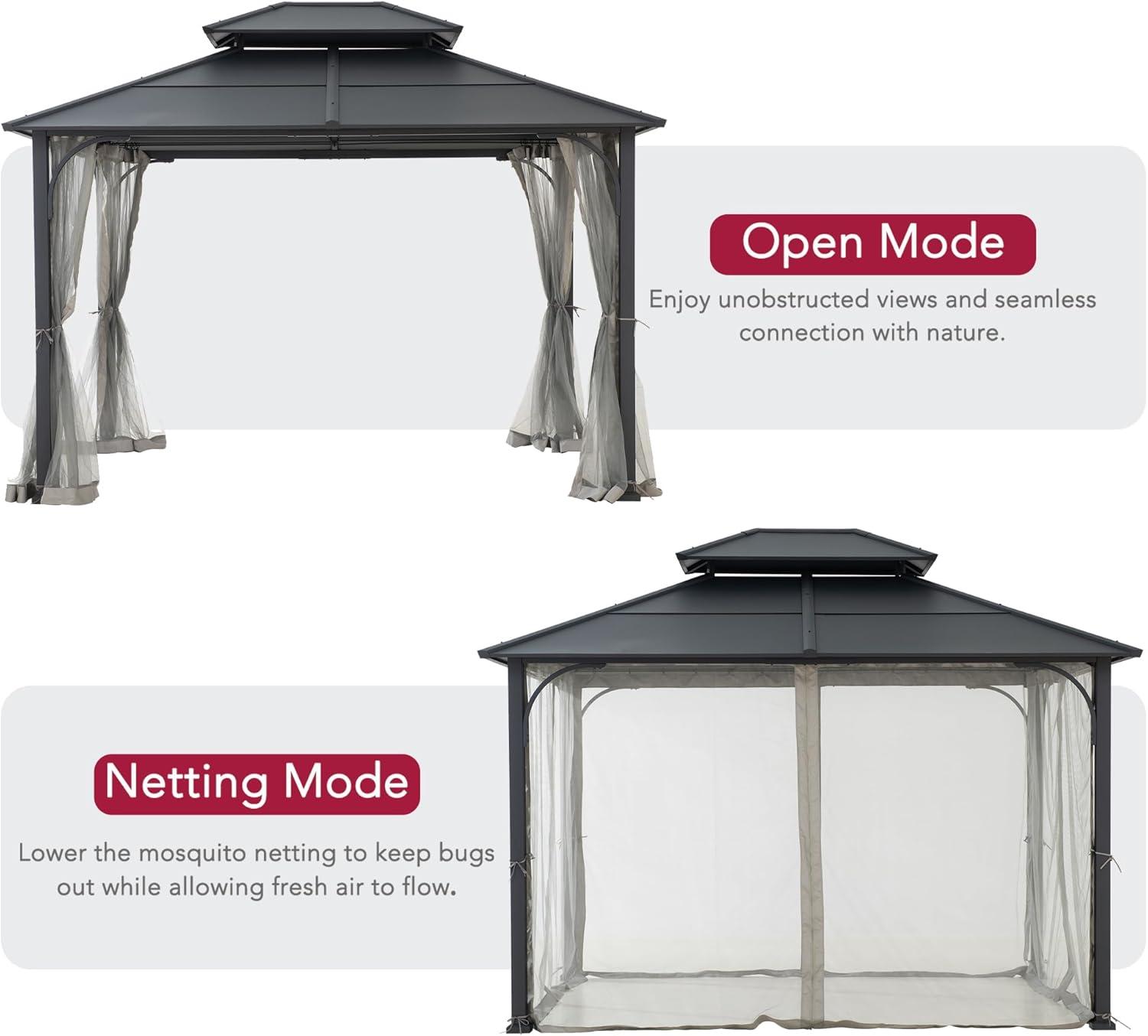 Sunjoy Sunjoy Hardtop Gazebo 10 x 12 ft. Outdoor Gazebo, Heavy Duty Steel Frame Gazebo, Double Roof Metal Gazebo with Ceiling Hook and Removable Netting Sidewalls