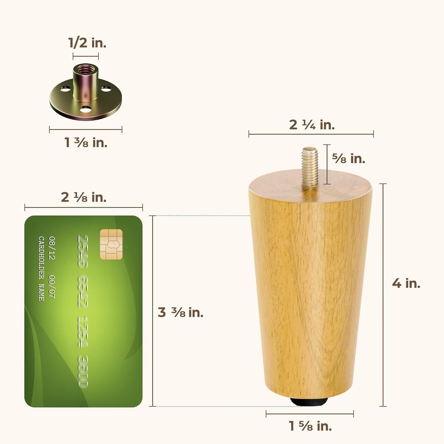 4 Inch Natural Rubberwood Round Furniture Legs Set with Levelers