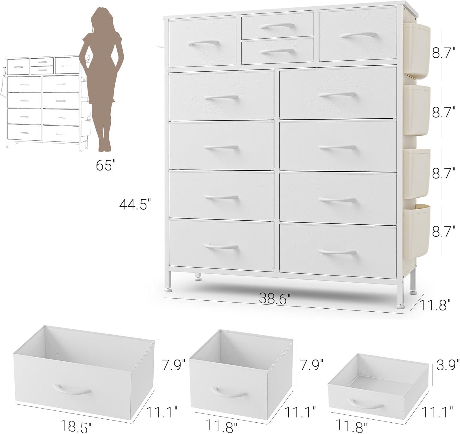 GIKPAL 12 Drawer Dresser, White Dresser Chest of Drawers Dressers for Bedroom PU&Fabric Dresser with Side Pockets and Hooks, White