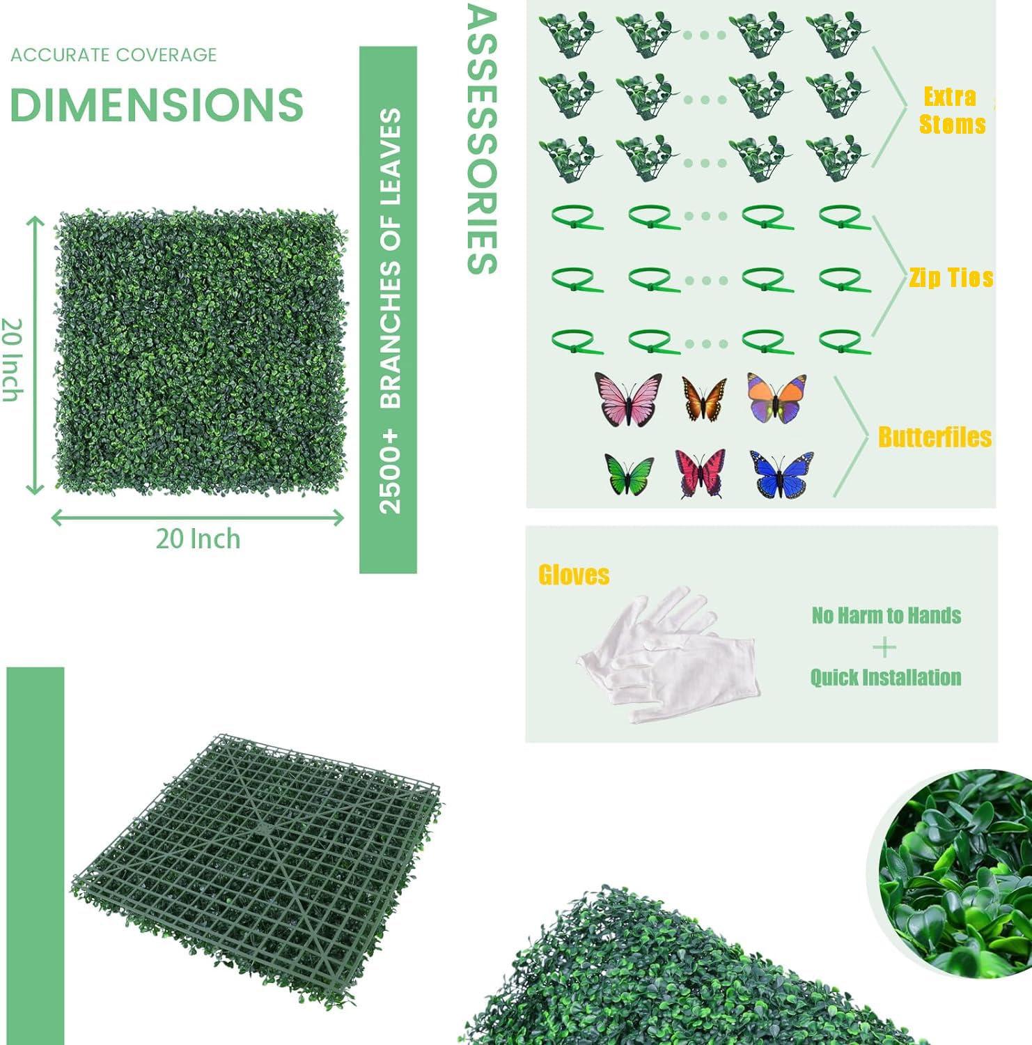 Decwin 24 Pieces 20" X 20" Artificial Grass Wall Backdrop Green Backdrop Wall Greenery Wall Boxwood Panels UV Stable for Indoor Outdoor Decor Garden Fence Backdrop