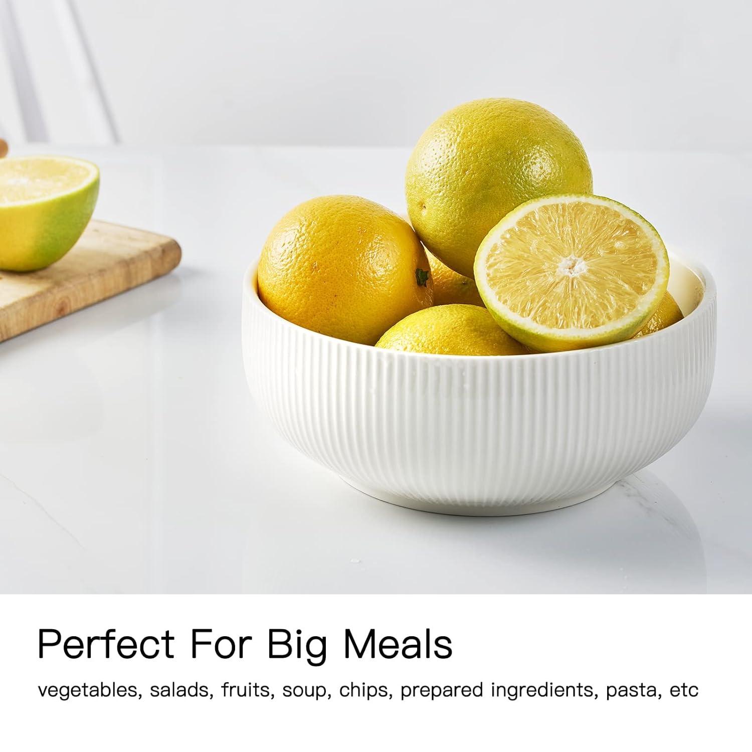 getstar Salad Bowl, 8 inch 60 oz Large Serving 2 Packs Ceramic Bowl Set, Microwave & Freezer Safe, Bowl Set of 2 For Fruit Soup Pasta Popcorn (White)