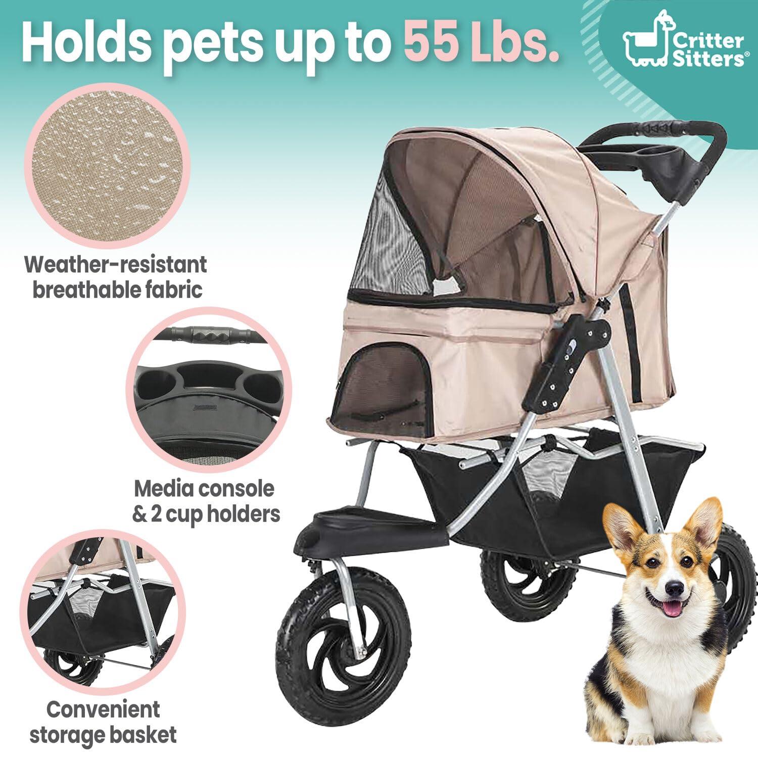 Critter Sitters Pet Stroller with Storage Basket Single Carriage Carrier for Animals up to 55 lbs, Tan