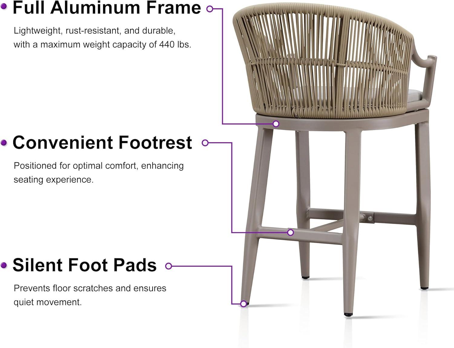 PURPLE LEAF Counter Height Bar Stools Set of 2 Patio Rattan Bar Stool Chairs Outdoor Modern Boho Barstools with Backs and Ergonomic Armrest for Balcony Garden Indoor Kitchen Island, Champagne