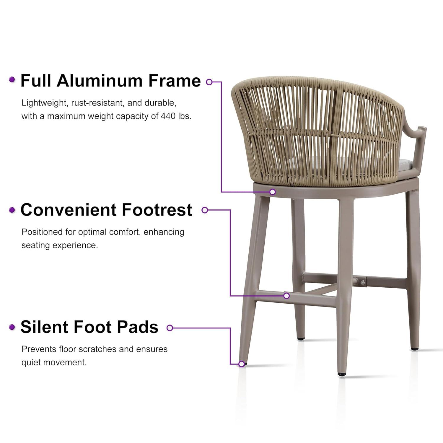 PURPLE LEAF Counter Height Bar Stools Set of 2 Patio Rattan Bar Stool Chairs Outdoor Modern Boho Barstools with Backs and Ergonomic Armrest for Balcony Garden Indoor Kitchen Island, Champagne