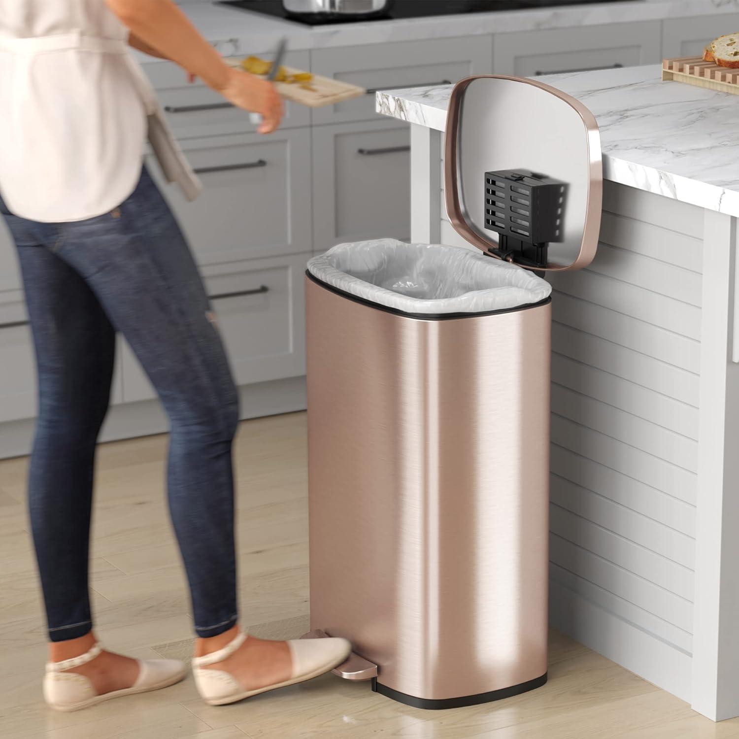 iTouchless SoftStep Step Pedal Kitchen Trash Can with AbsorbX Odor Filter and Removable Inner Bucket 13.2 Gallon Rose Gold Stainless Steel