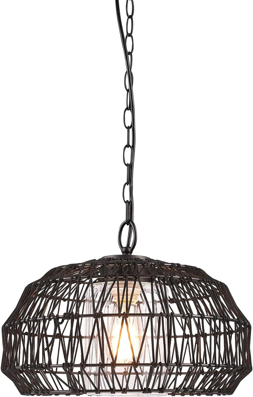 Novogratz x Globe Diego 1-Light Matte Black Woven Fabric Outdoor Plug-In Pendant Light: ETL Listed, Adjustable Height