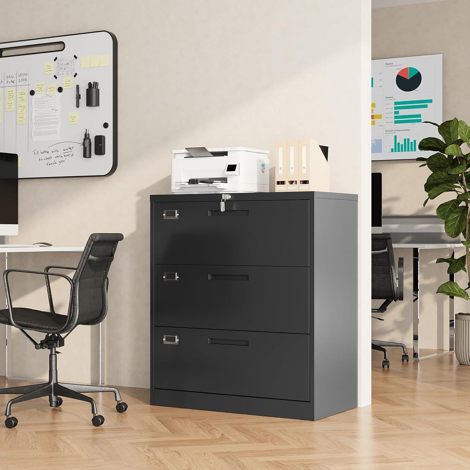 Black Metal 3-Drawer Lockable Lateral Filing Cabinet