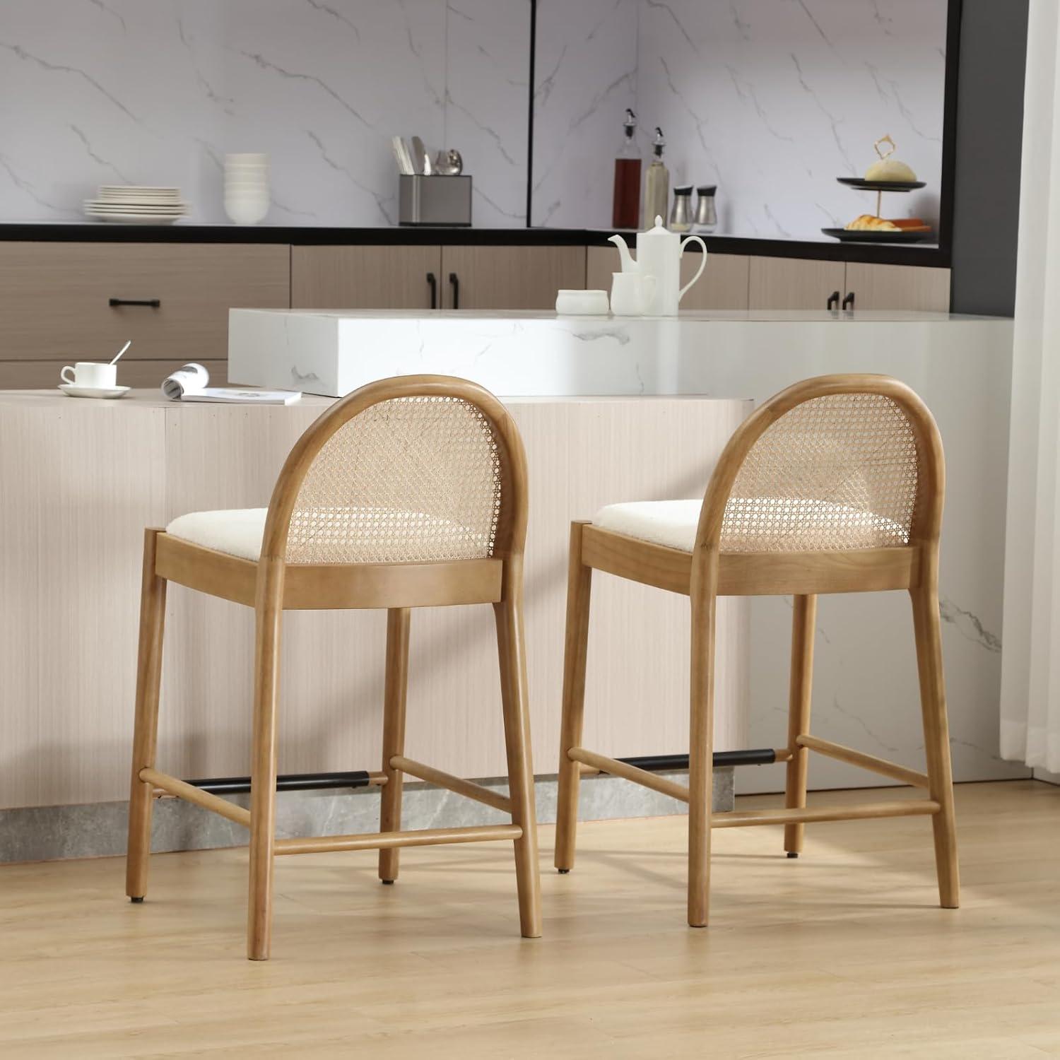 Bayou Breeze Emington Modern Bar Stools Counter Height Bar Stools with Rattan Backrests and Wood Frame (Set of 2)
