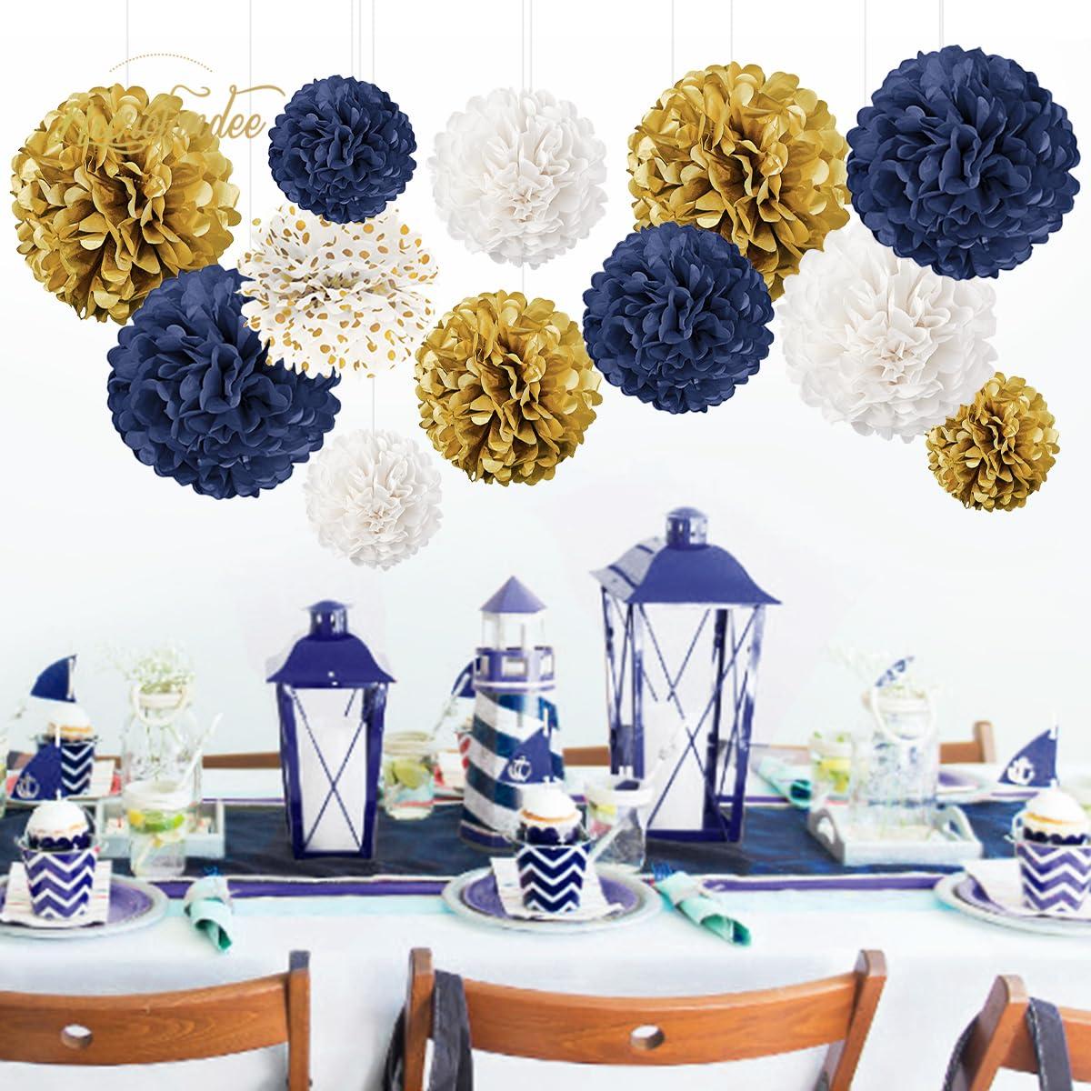 AIM & GGKK Paper Pom Poms Gold Gradient Navy Blue and White Tissue Hanging Paper Pom Poms,Flower Ball Wedding Birthday Party Decoration(12pcs)