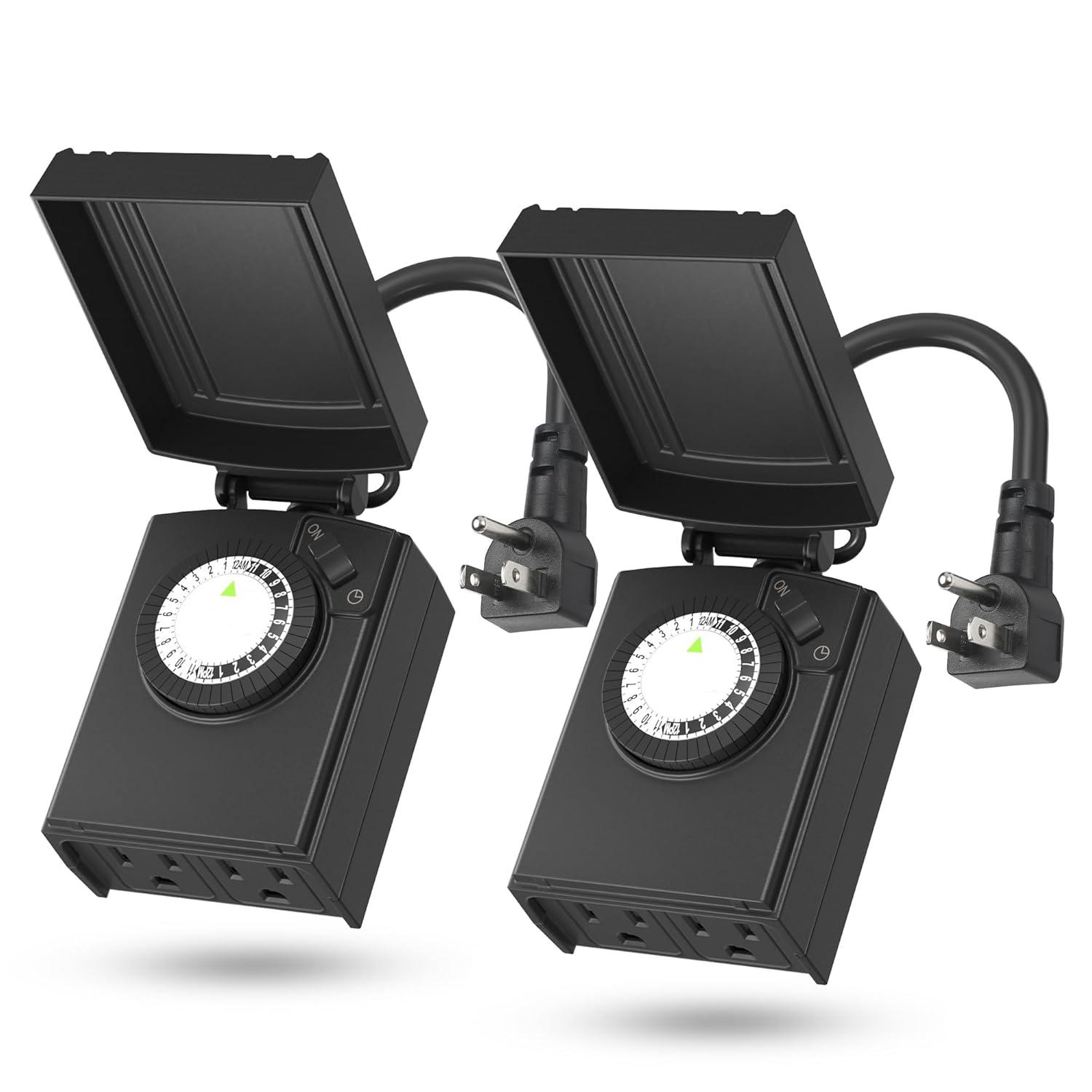 BN-LINK Compact Outdoor Mechanical Timer, 24 Hour Programmable Dual Outlet Timer - Plug in, Waterproof, Heavy Duty, For Lamps Christmas Lights