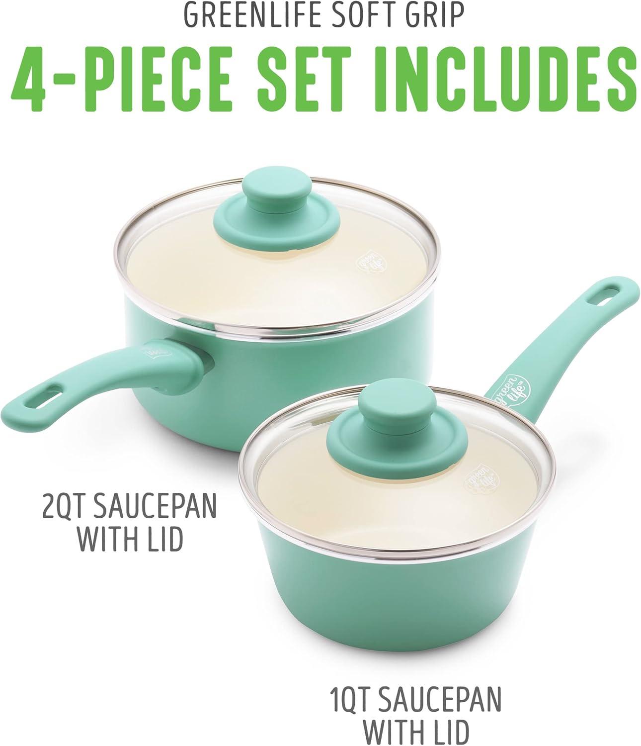 GreenLife GreenLife Soft Grip Healthy Ceramic Nonstick, 1QT And 2QT Saucepan Pot Set With Lids, Dishwasher Safe