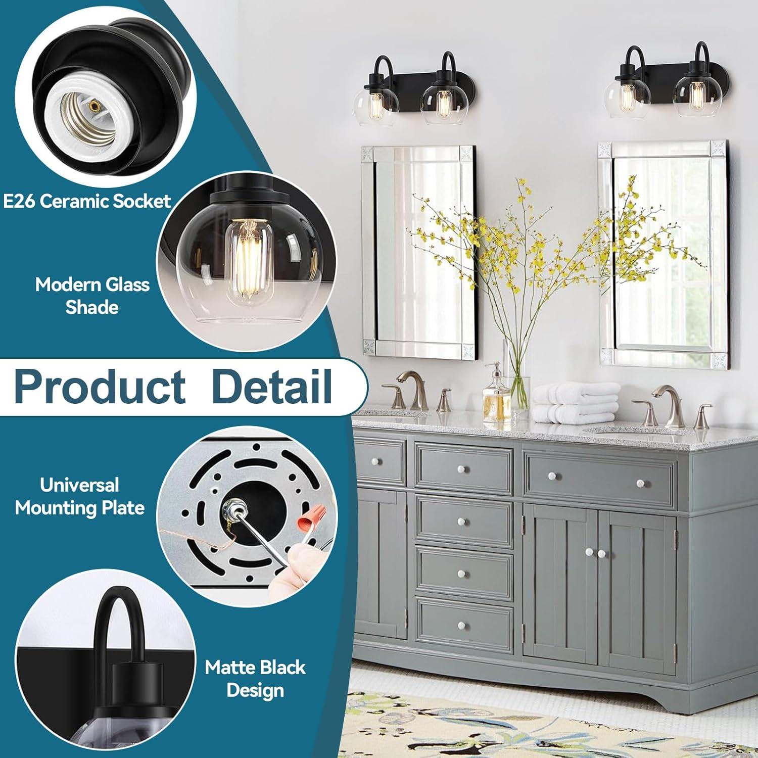 Modern 2-Light Vanity Light, Bathroom Lighting Fixture Over Mirror With Clear Glass Shade and Metal Base, Matte Black Wall Mounted for Bathroom