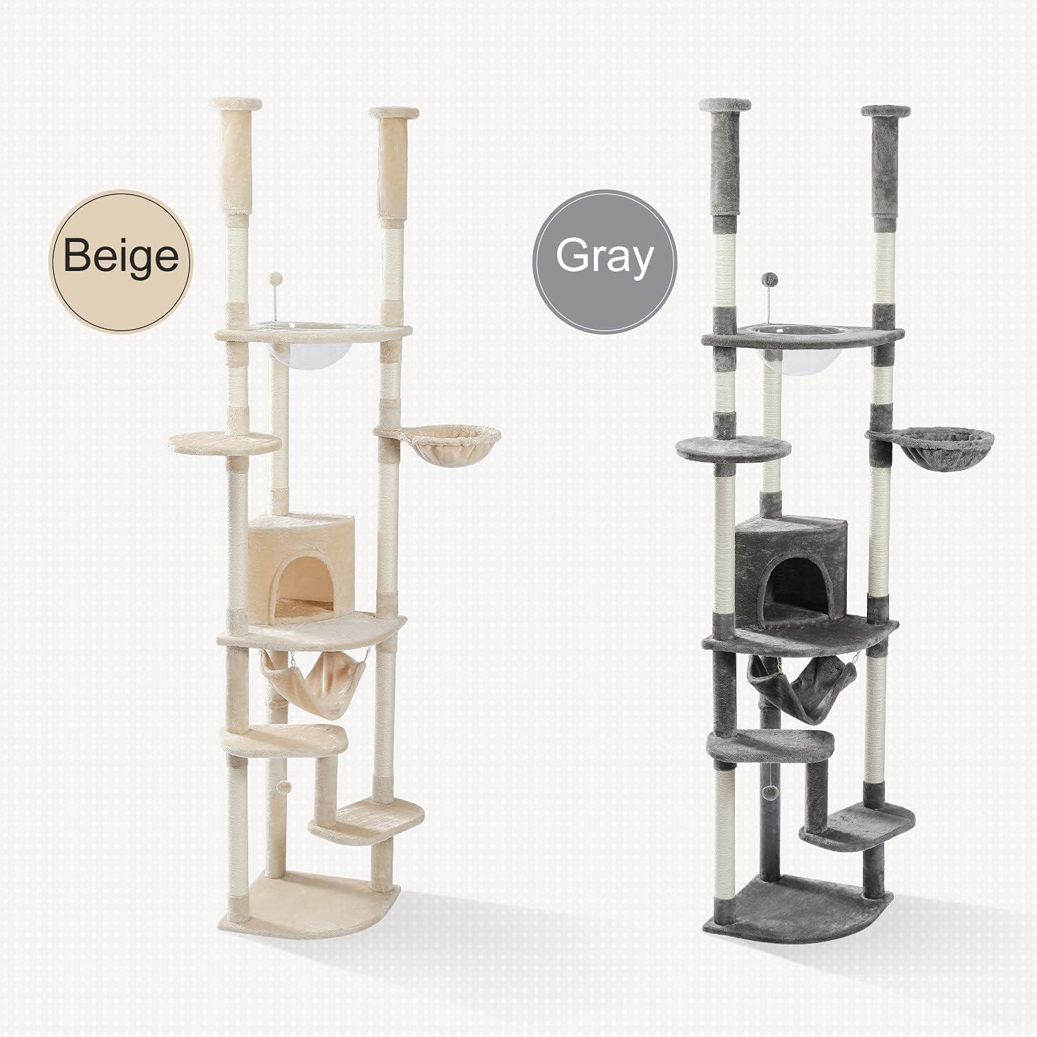 PEQULTI Floor to Ceiling Cat Tree 92.9’’-101.6’’ Height Adjustable Cat Tower Tall Kitty Climbing Play House with Scratching Posts, Cozy Condo, Perches and Large Hammock for Indoor Cats Gray