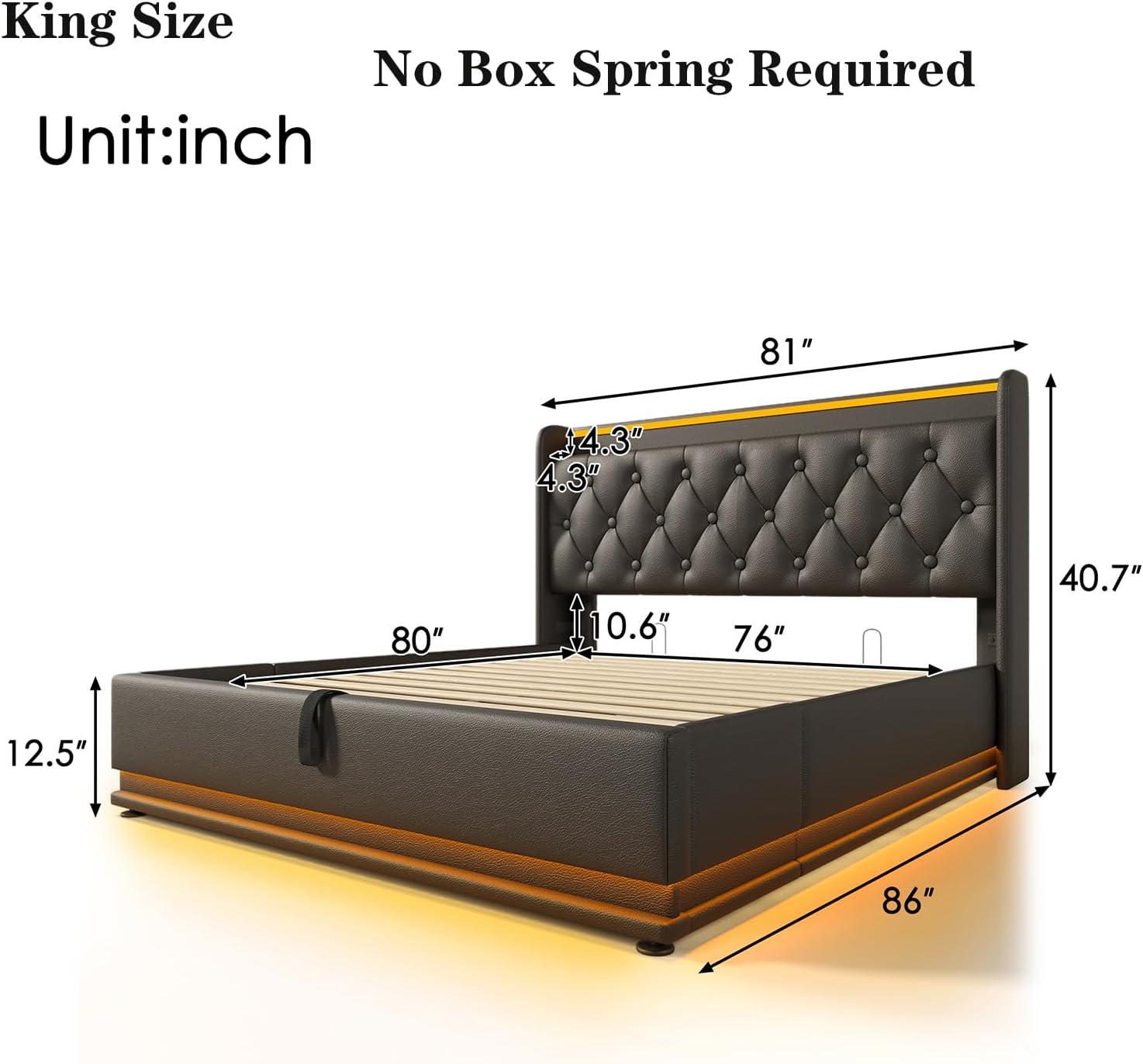 King Size Lift up Storage Platform Bed with 360 Degree Surround LED Light, Bedroom Upholstered Hydraulic Smart Bed Frame, No Noise, No Spring Mattress Required, Easy to Assemble (Gray, King)