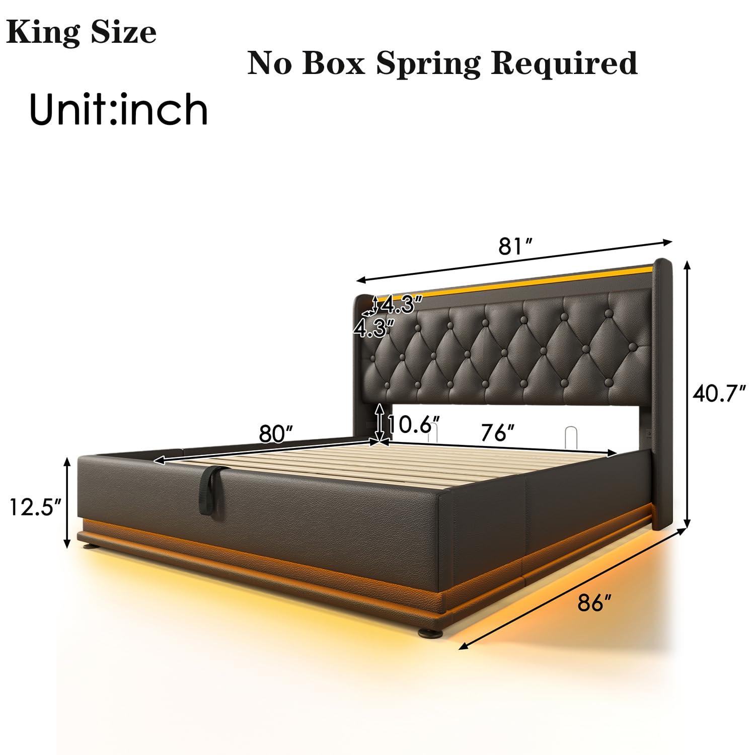 King Size Lift up Storage Platform Bed with 360 Degree Surround LED Light, Bedroom Upholstered Hydraulic Smart Bed Frame, No Noise, No Spring Mattress Required, Easy to Assemble (Black, King)