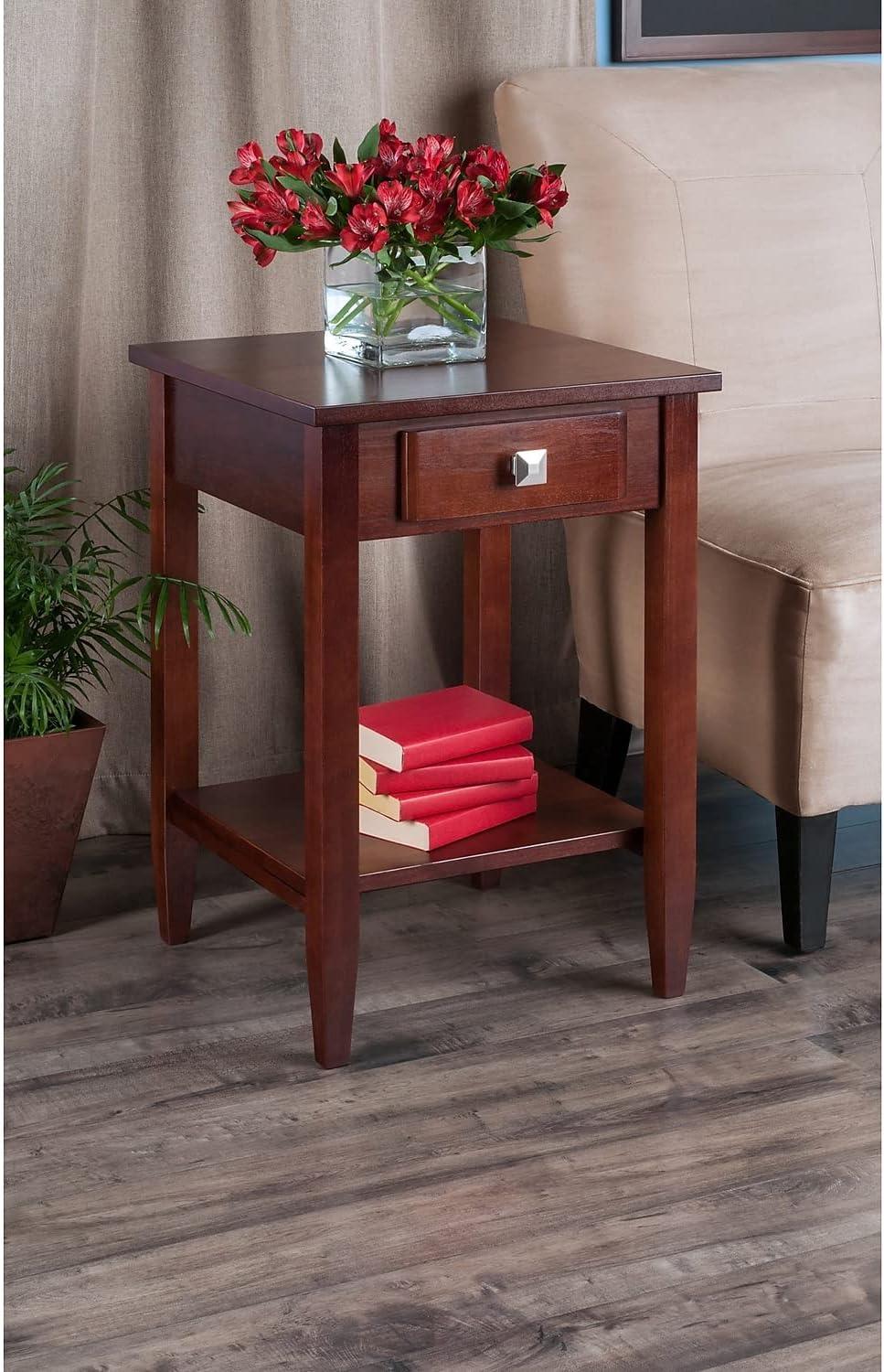 Richmond End Table with Tapered Leg Walnut Finish - Winsome: Modern Storage, Brushed-Chrome Knob, Hardwood