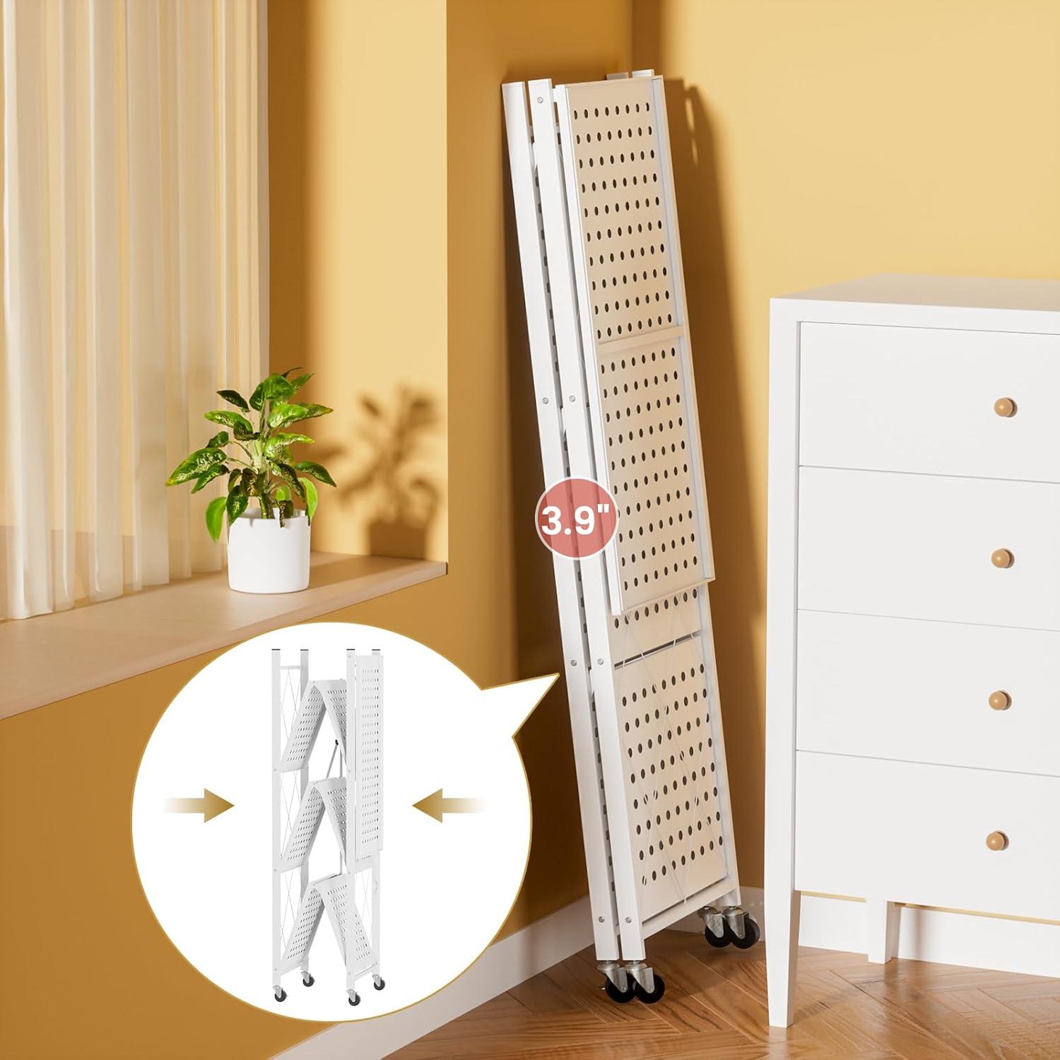 3-Tier Storage Shelves with Wheels, Folding Bookshelf No Assembly, Metal Display Shelf for Balcony, Kitchen, Basement, Pantry, White