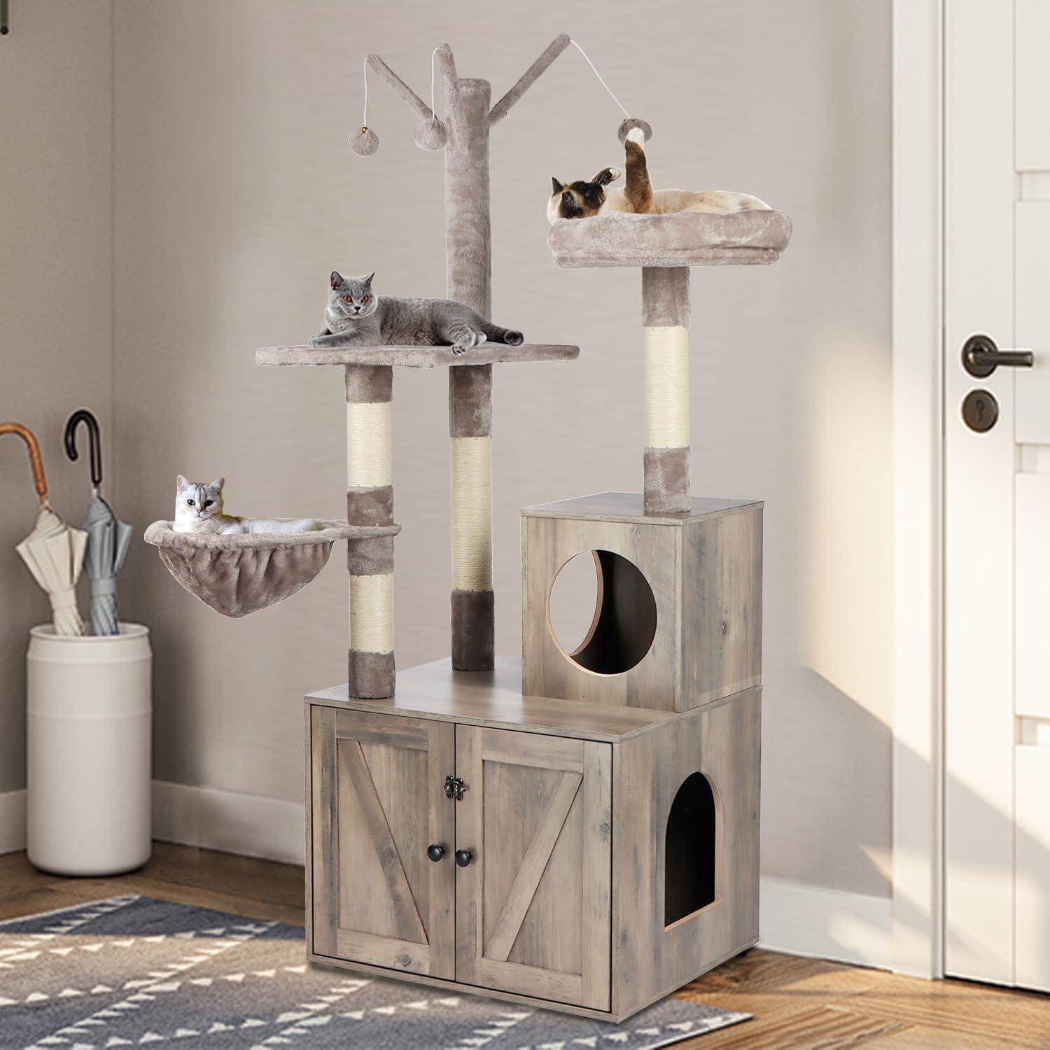 Litter Box Enclosure with Cat Tree, 2-in-1 Cat Tree Tower, Hidden Cat Litter Box Furniture with Scratching Post, Modern Cat Condo, Grey