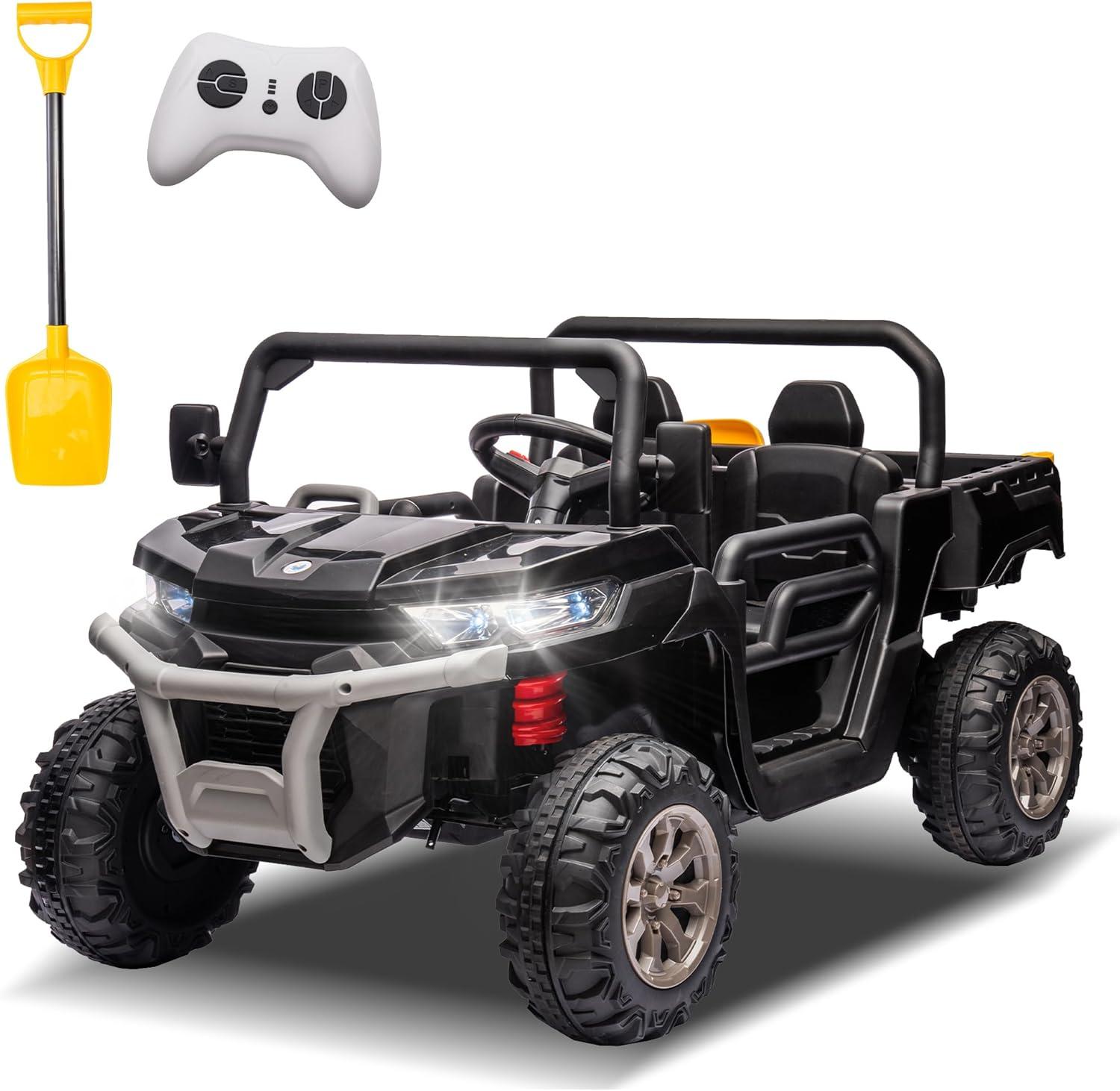 Funride 4WD 24 Volt Ride on Toys with Remote Control, 2 Seater Power Car Wheels UTV Toys, Ride on Truck Car w/ Electric Dump Bed, Shovel, Bluetooth Music