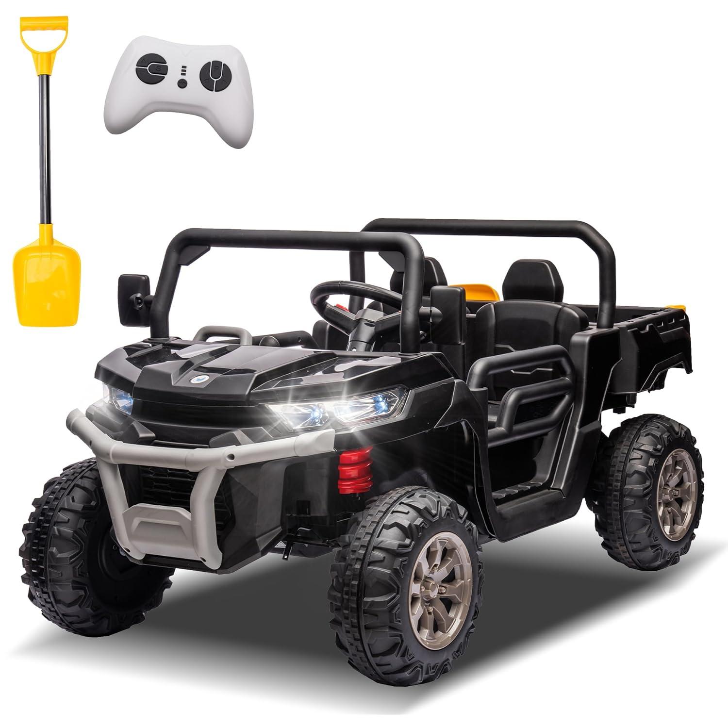 Funride 4WD 24 Volt Ride on Toys with Remote Control, 2 Seater Power Car Wheels UTV Toys, Ride on Truck Car w/ Electric Dump Bed, Shovel, Bluetooth Music