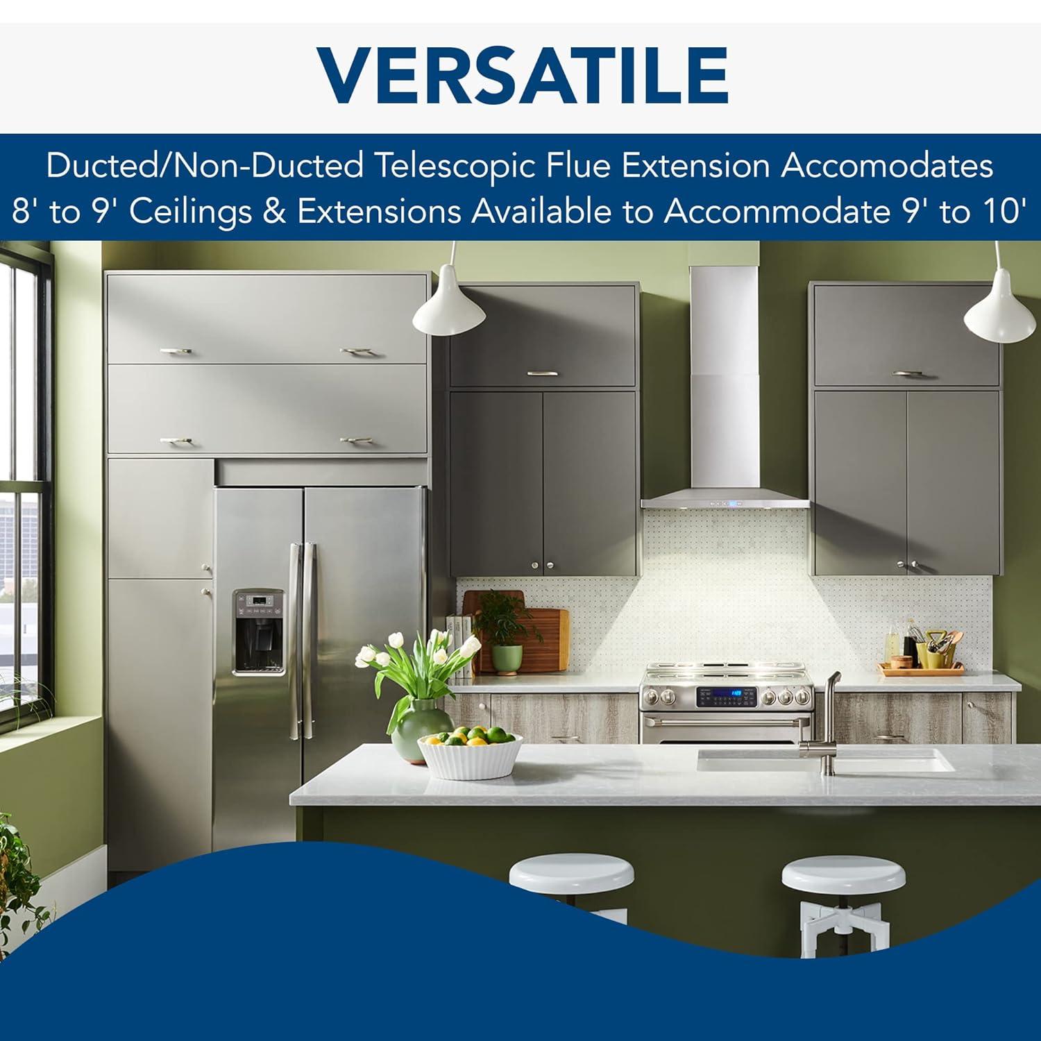 30 in. Convertible Wall Mount Low Profile Pyramidal Chimney Range Hood, 450 Max CFM, Stainless Steel