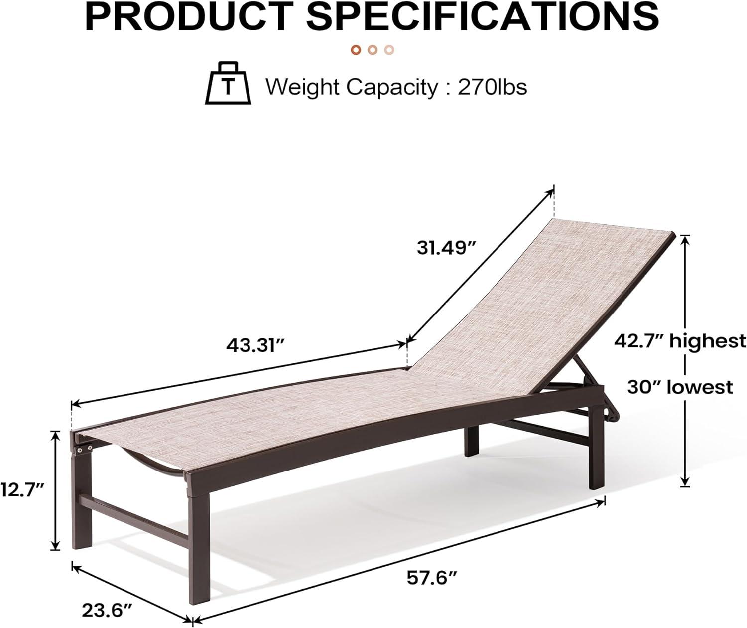 Beige Aluminum Adjustable Outdoor Chaise Lounge with Textilene Fabric