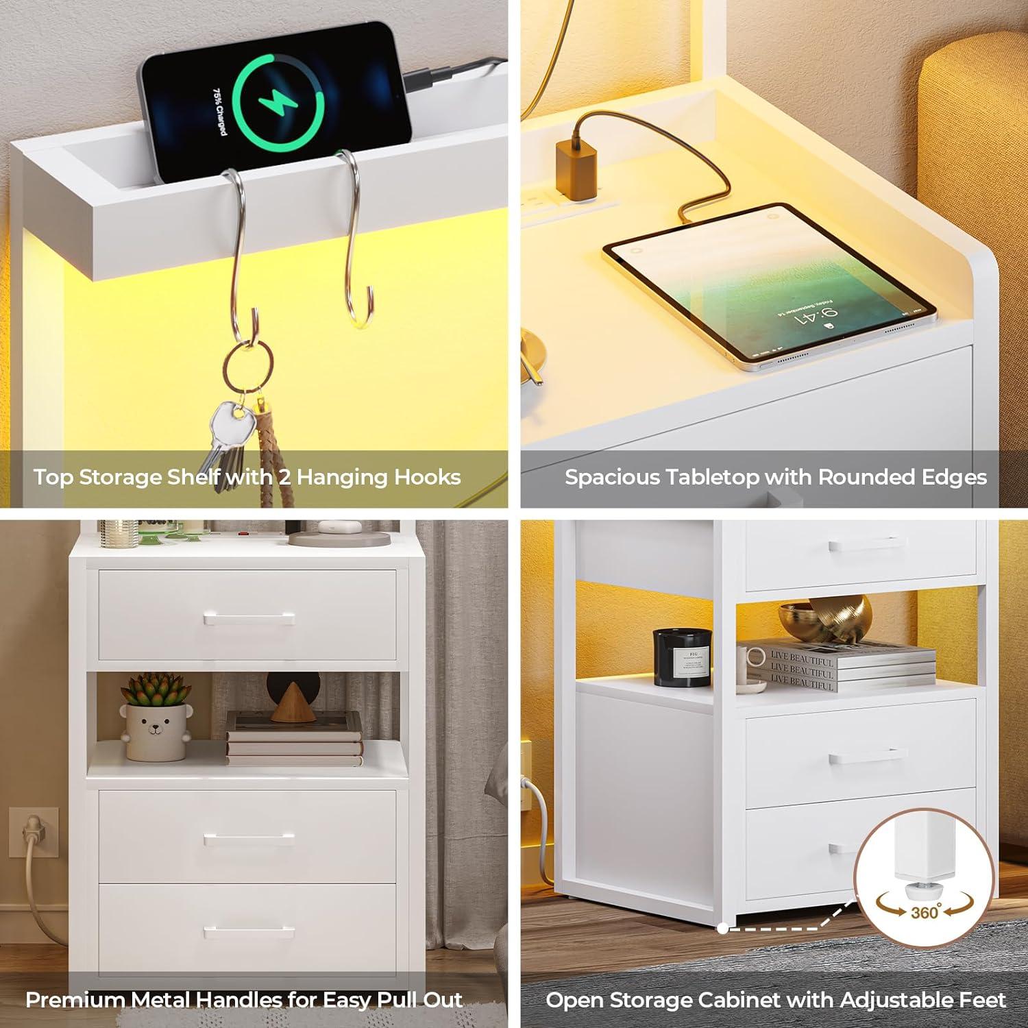 White Modern 3-Drawer Nightstand with LED Lights and Charging Station