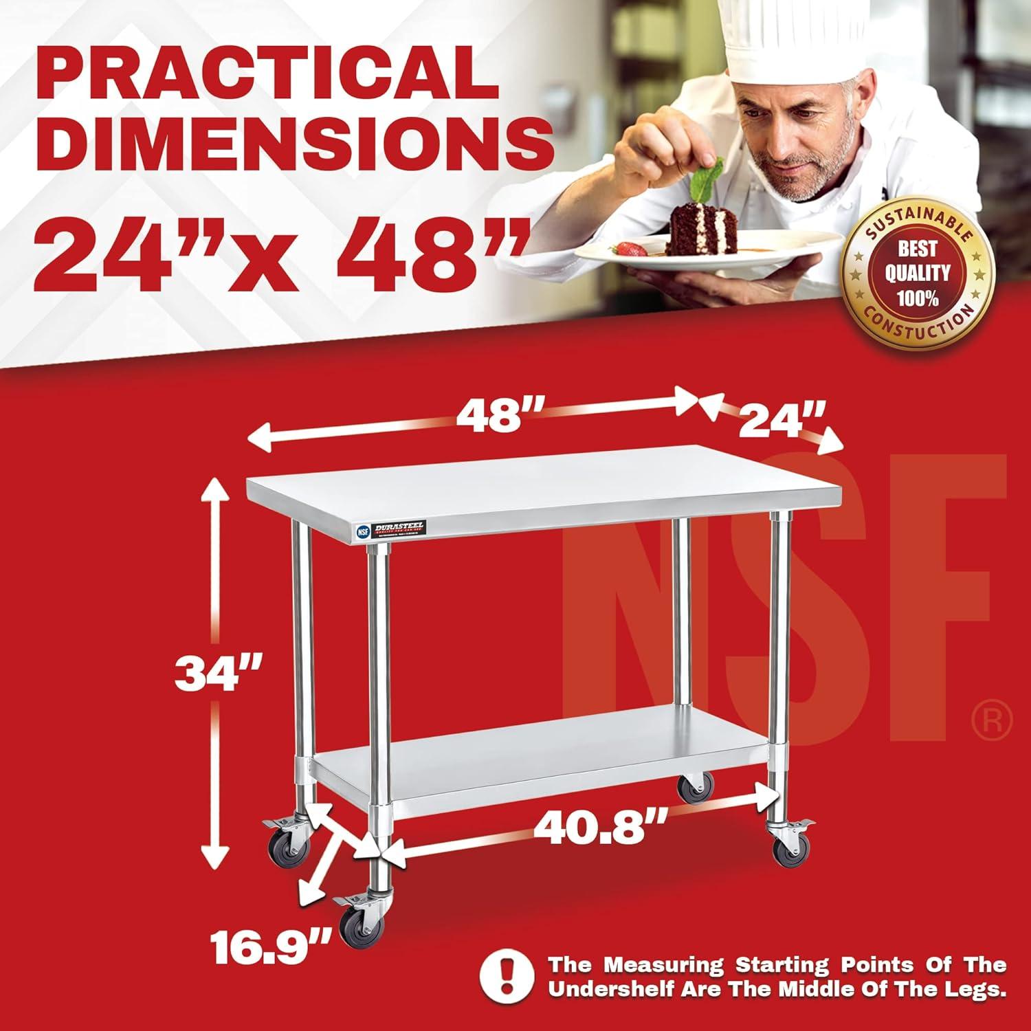 Stainless Steel 34" Height Worktable with Undershelf and Wheels