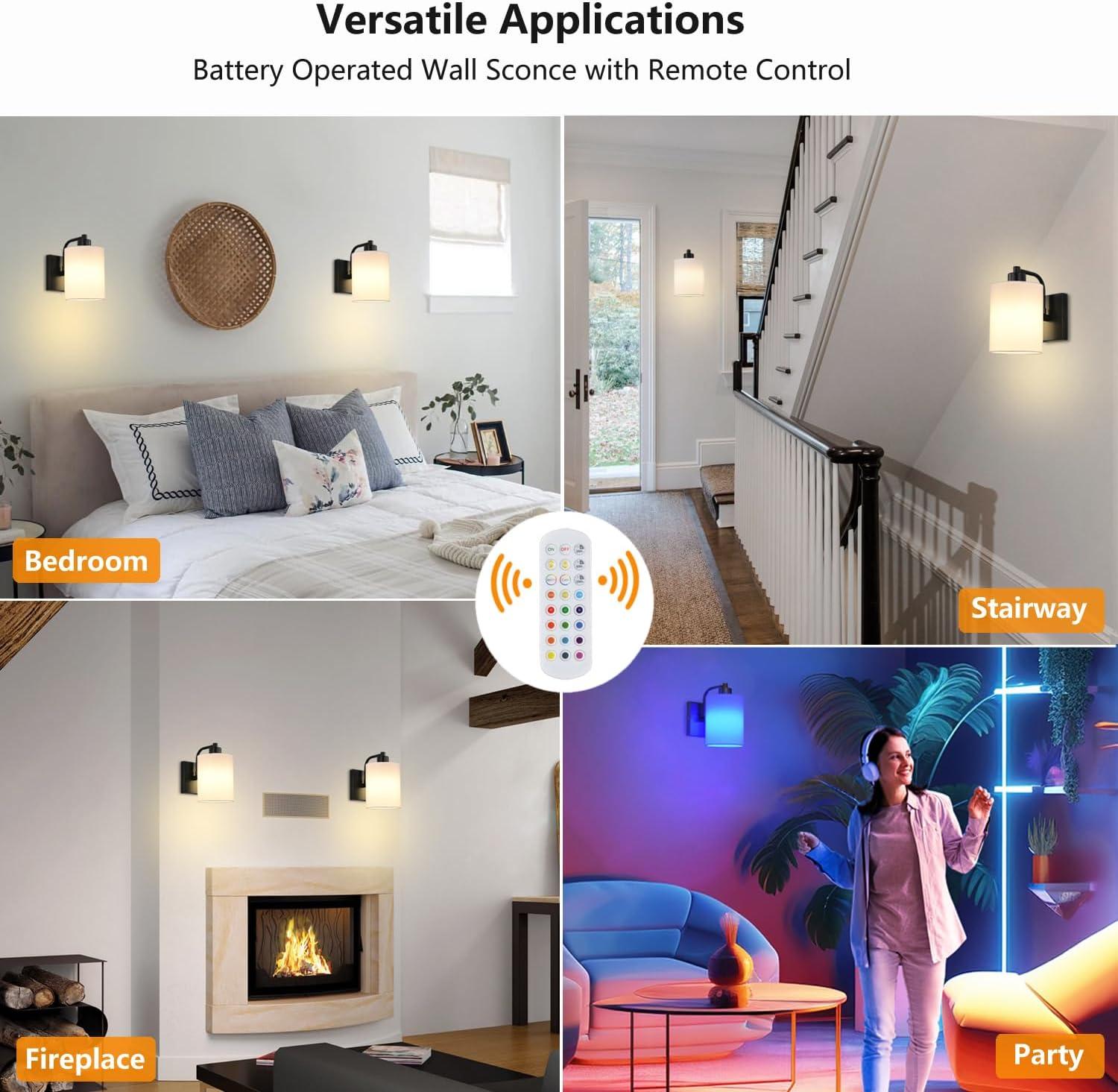 Latitude Run® Battery Operated Wall Sconce Set Of 2, Wireless Rechargeable Wall Lights, Glass Wall Lamps With Remotes And Dimmable RGB LED Bulbs, No Wiring Indoor Sconces Wall Decor For Bedroom Living Room Hallway