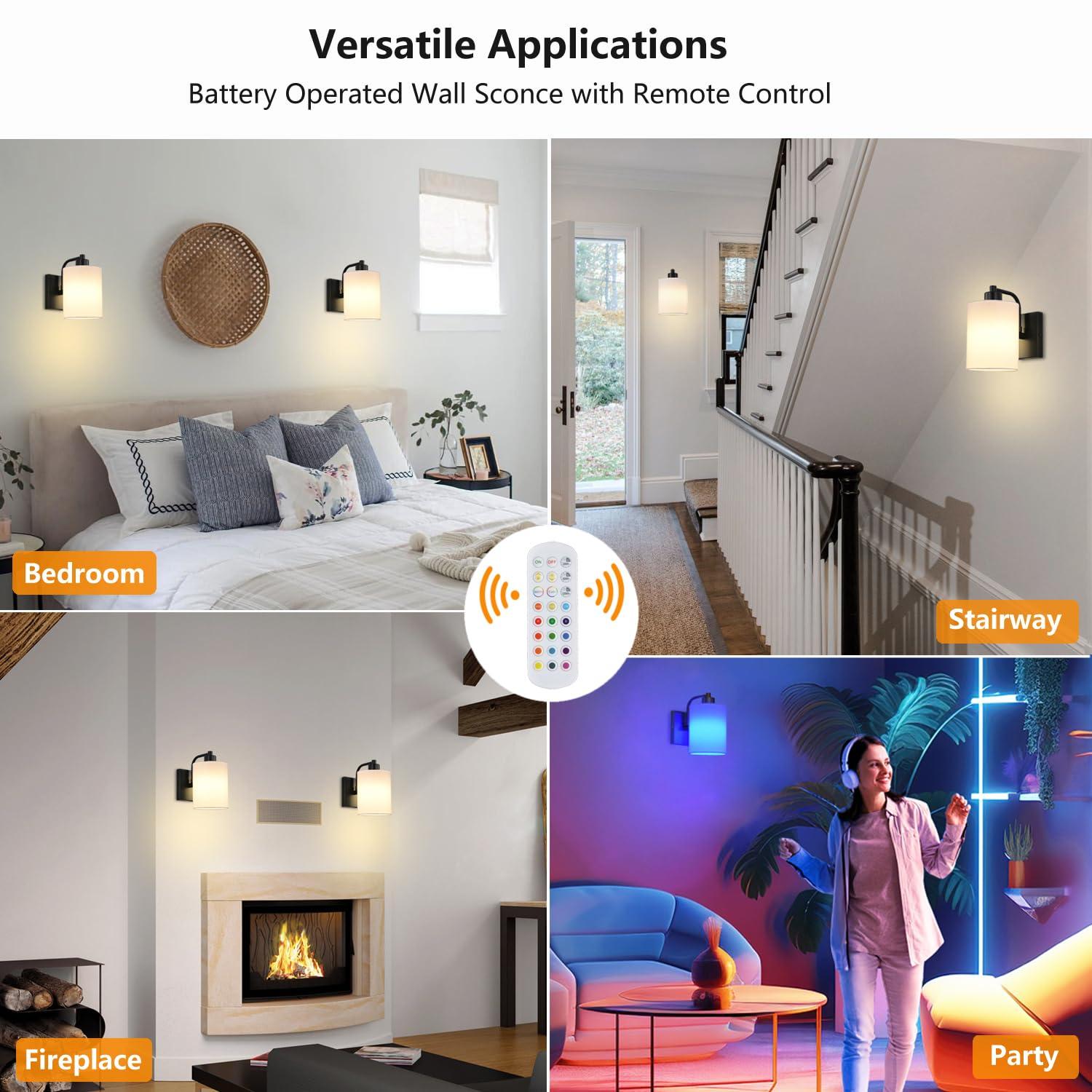 Latitude Run® Battery Operated Wall Sconce Set Of 2, Wireless Rechargeable Wall Lights, Glass Wall Lamps With Remotes And Dimmable RGB LED Bulbs, No Wiring Indoor Sconces Wall Decor For Bedroom Living Room Hallway