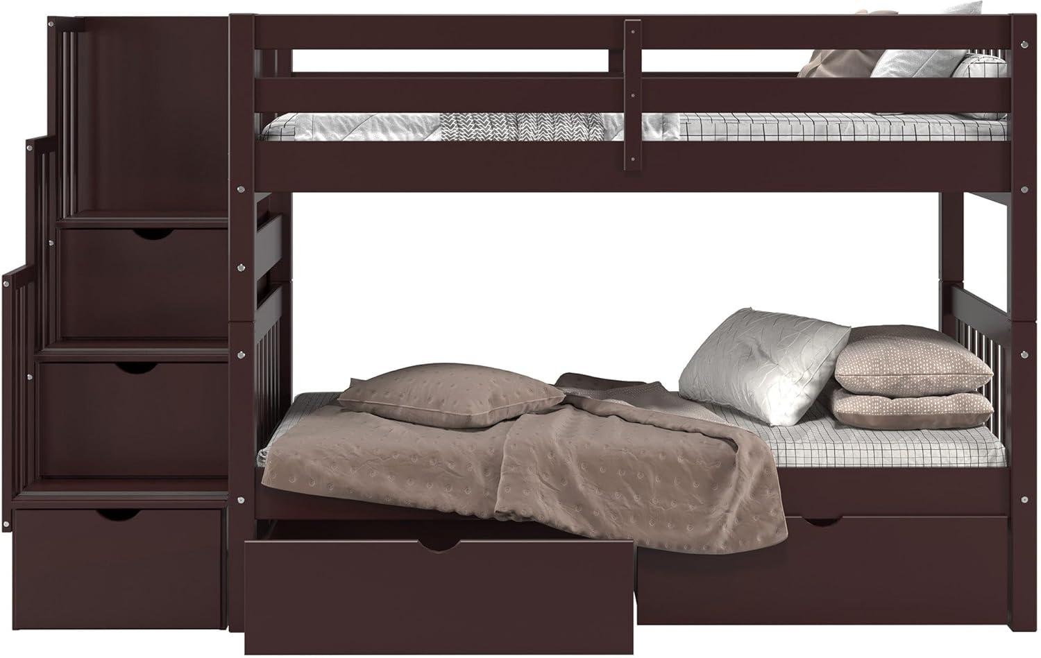 Bedz King Stairway Bunk Beds Twin over Twin with 3 Drawers in the Steps and 2 Under Bed Drawers, Dark Cherry