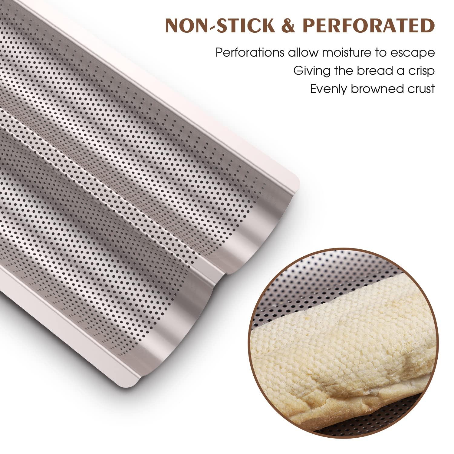 Baguette Pan French Bread Pans For Baking Pans, Nonstick 2 Slots Perforated Italian Loaf Pan Mold Long French Bread Pan Golden