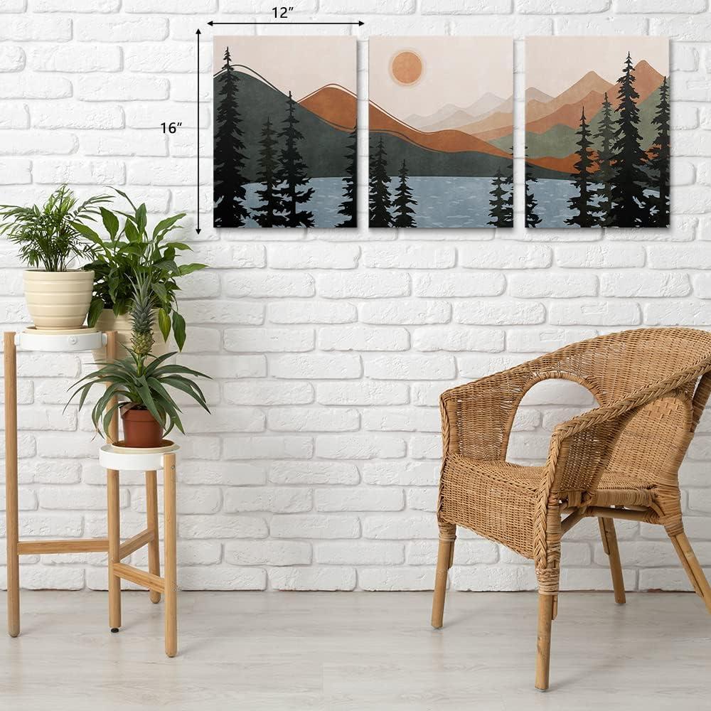 Boho Wall Art, Mid Century Modern Wall Art, Set of 3 Framed Canvas Wall Art Prints 12"x16" Abstract Geometric Neutral Sage Green Boho Artwork Wall Decor for Bedroom Living Room Bathroom