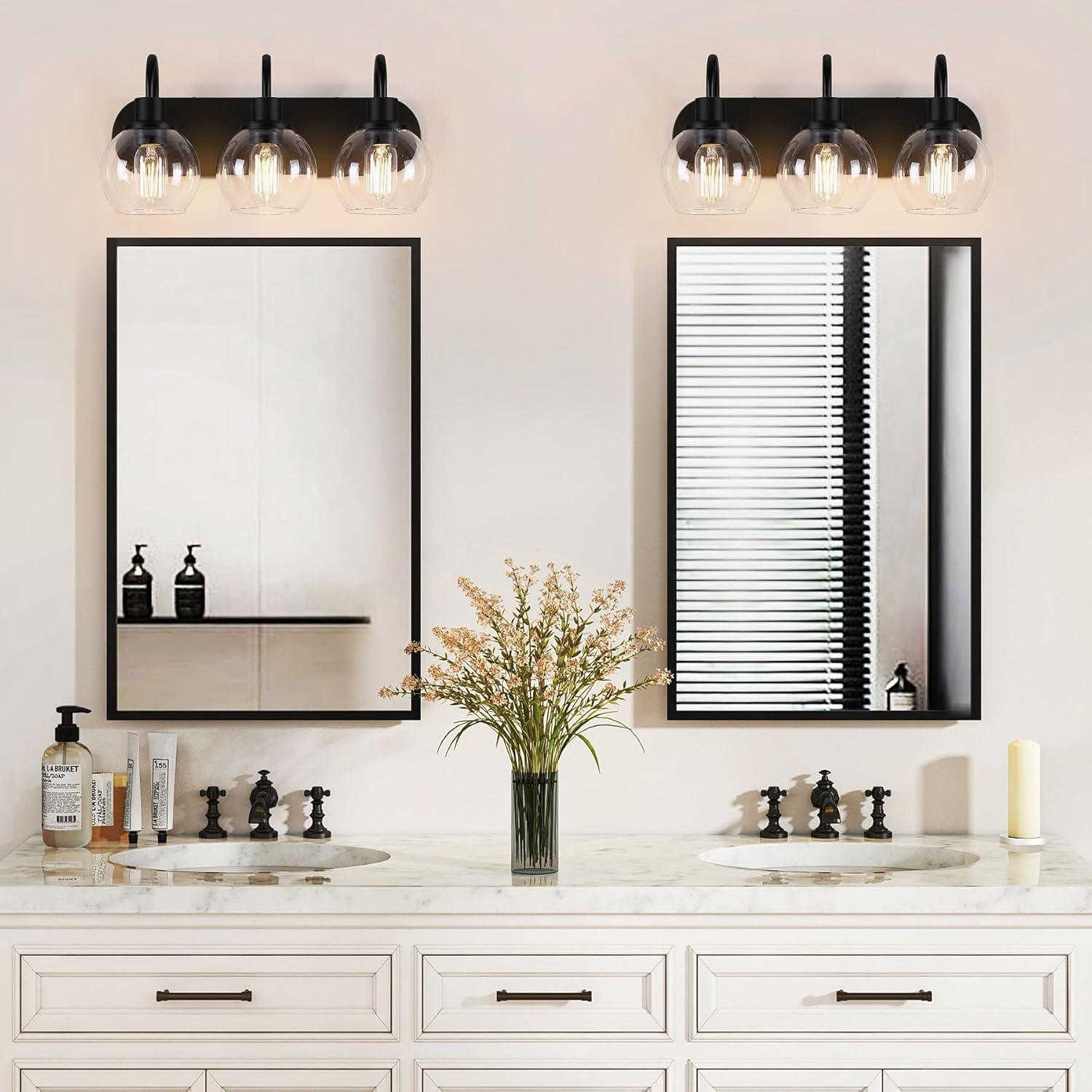 Modern 2-Light Vanity Light, Bathroom Lighting Fixture Over Mirror With Clear Glass Shade and Metal Base, Matte Black Wall Mounted for Bathroom