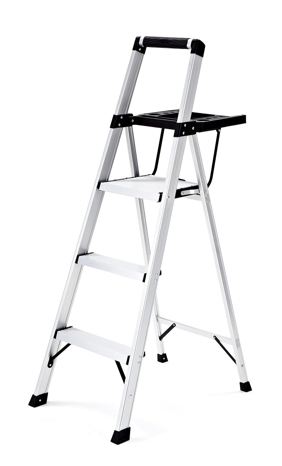 Lightweight Silver Aluminum 3-Step Foldable Ladder with Tray