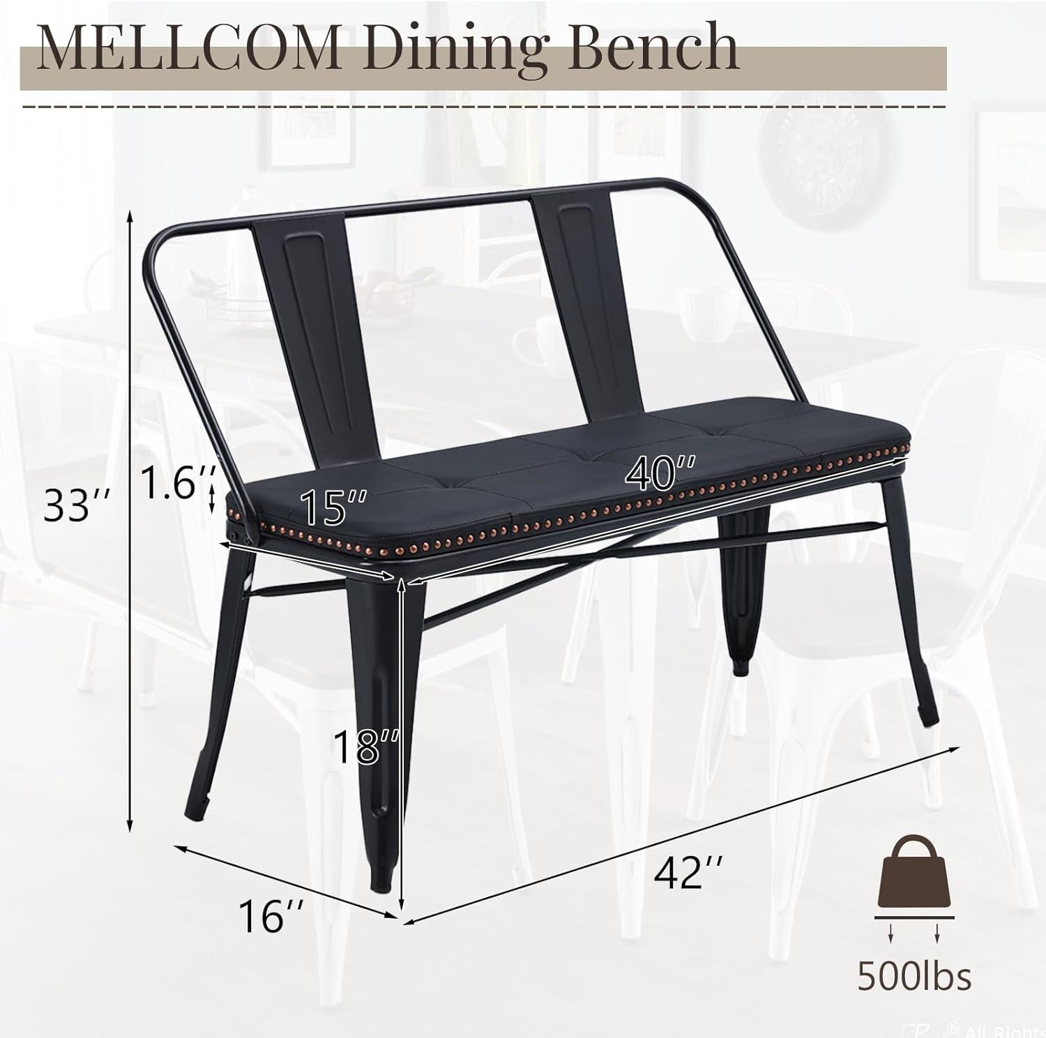 YOLENY Dining Bench, Entryway Bench with Back, Farmhouse Metal Dining Bench, Industrial Mid-Century 3 Person Rustic Spindle Bench, with Leather Seat, Removable Backrest, 42in, Black