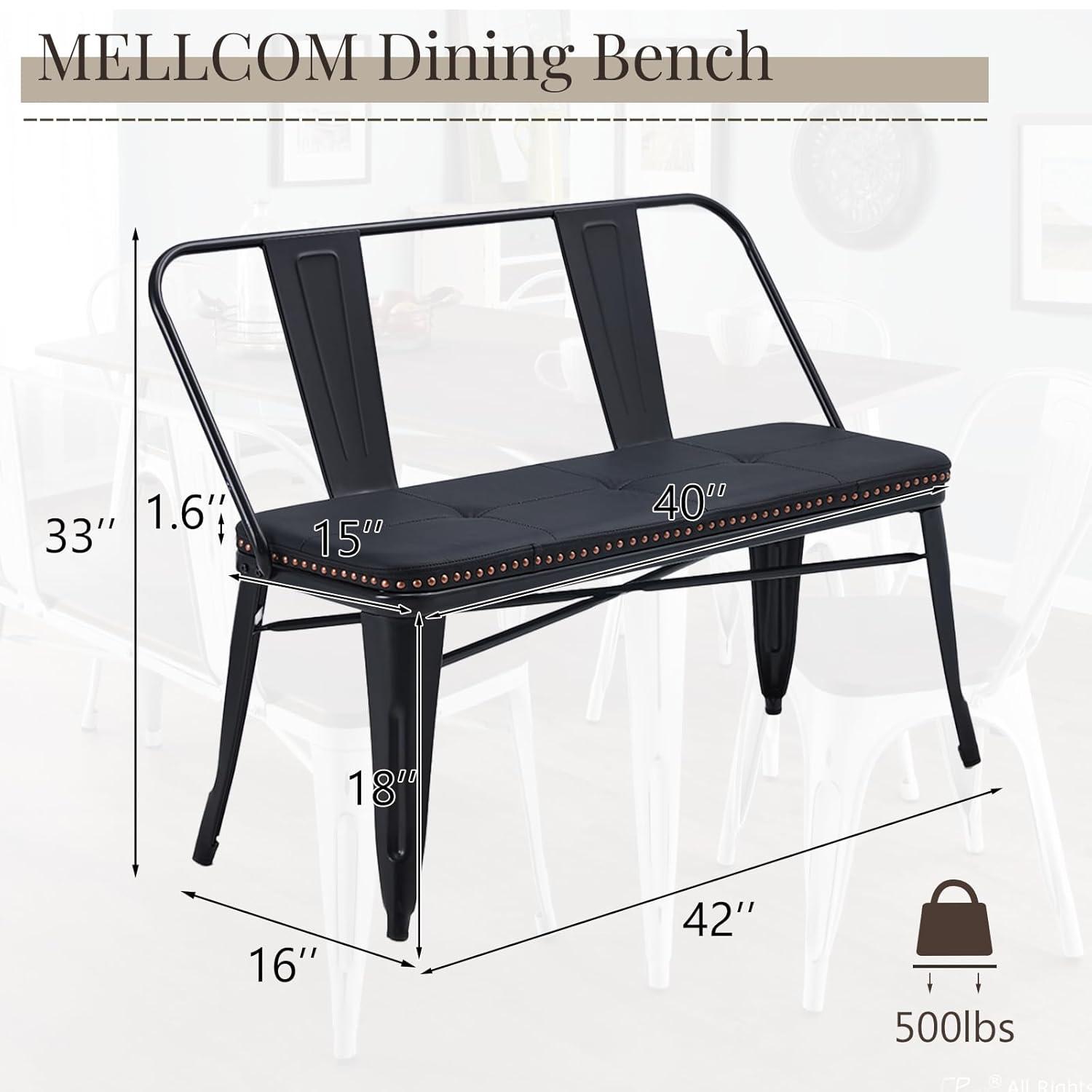 YOLENY Dining Bench, Entryway Bench with Back, Farmhouse Metal Dining Bench, Industrial Mid-Century 3 Person Rustic Spindle Bench, with Leather Seat, Removable Backrest, 42in, Black