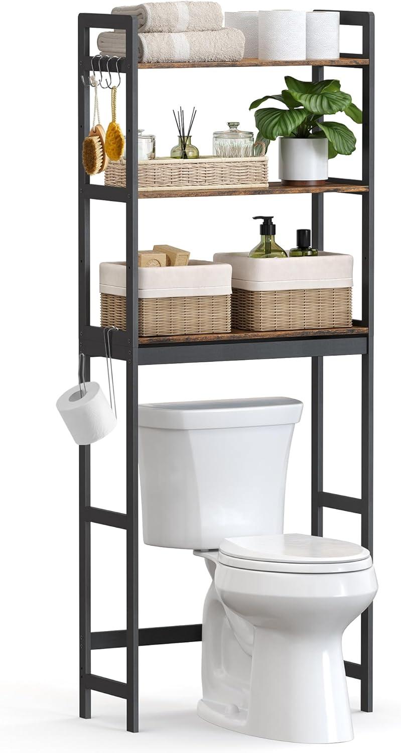 Over The Toilet Storage, 3-Tier Bathroom Organizer Over Toilet with Adjustable Shelves, Multifunctional Bathroom Shelf, Rustic Brown and Black