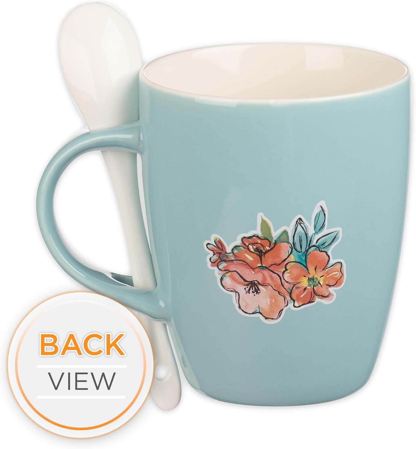 Christian Art Gifts Scripture Coffee and Tea Mug with Ceramic Spoon Set for Women: May the Lord Bless You - Numbers 6:24 Inspirational Bible Verse Hot & Cold Beverages, Light Teal/White Floral, 12 oz.