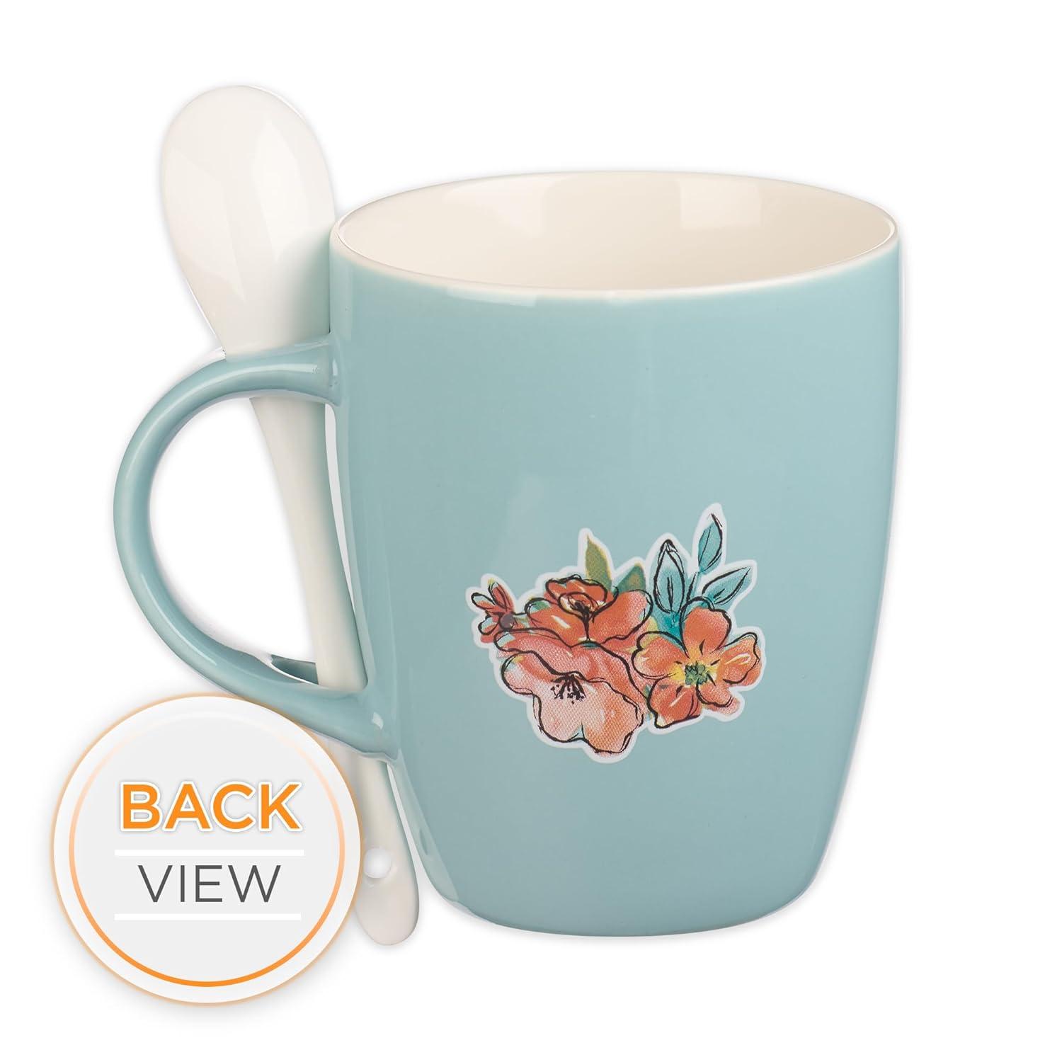 Christian Art Gifts Scripture Coffee and Tea Mug with Ceramic Spoon Set for Women: May the Lord Bless You - Numbers 6:24 Inspirational Bible Verse Hot & Cold Beverages, Light Teal/White Floral, 12 oz.