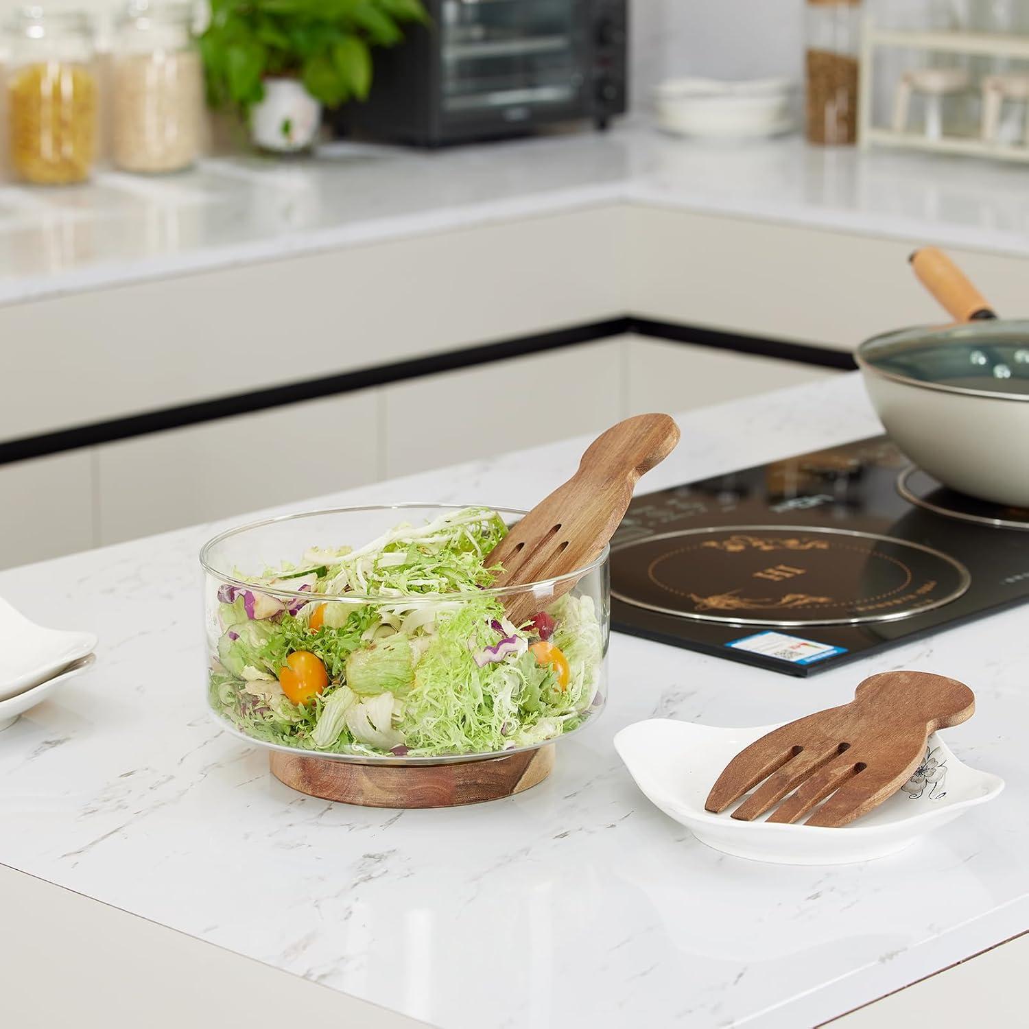 Large Salad Bowl Set, Glass Salad Bowl with Acacia Wood Base and Salad Serving Utensils, 150 oz Trifle and Fruit Bowl, Serving Bowls for Dessert, Popcorn, Chips, Pasta, Microwave & Dishwasher Safe