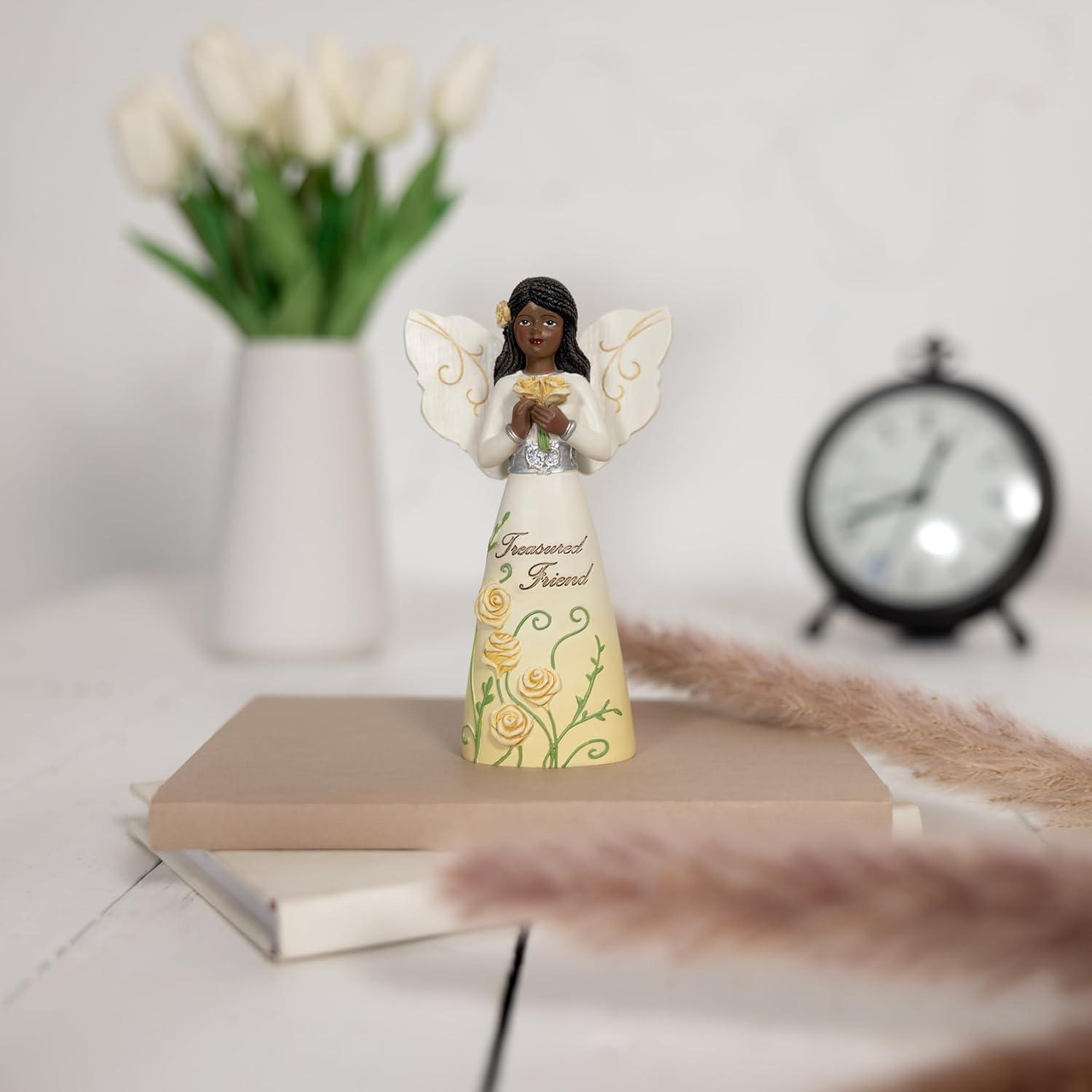 Pavilion - Treasured Friend - 5" Ebony African American Angel Figurine Floral Spring Home Decor Bestie BFF Best Friend Present