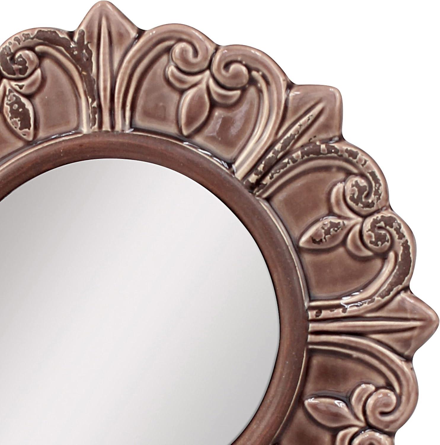 Elegant Parisian Fleur de Lis 9" Round Ceramic Wall Mirror in Warm Taupe