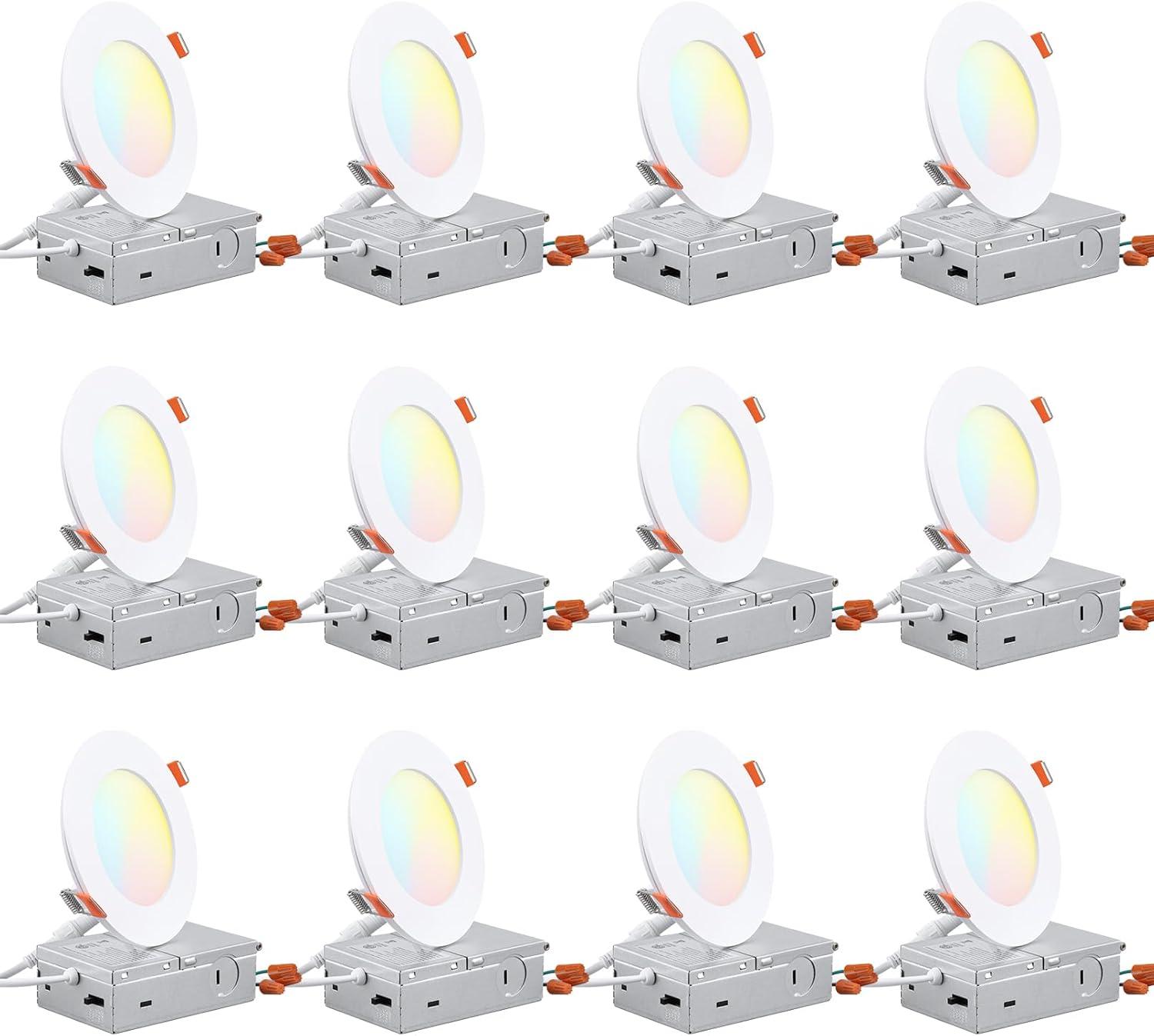 TORCHSTAR 12 Pack 4" 5CCT Dimmable LED Recessed Light with J-Box, 2700K/3000K/3500K/4000K/5000K Selectable, 10W LED Downlight, Aluminum, High Brightness, ETL & Energy Star