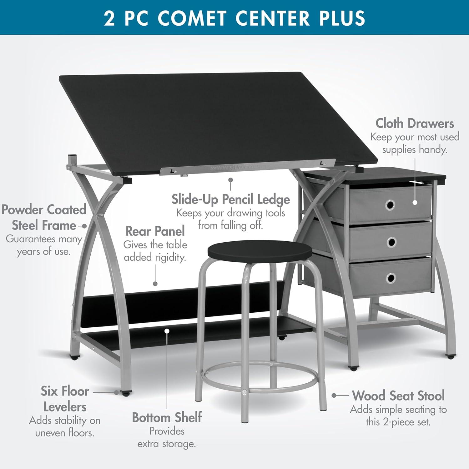 Comet Plus Drawing Table and Stool Set Silver/Gray - studio designs: Adjustable Top, Storage Drawers, Padded Seat