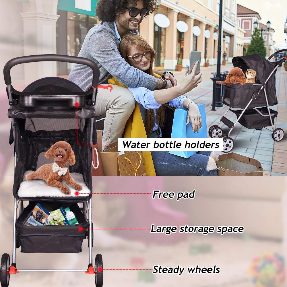 4 Wheels Pet Stroller Cat Dog Cage Stroller Travel Folding Carrier with Cup Holders and Removable Liner for Small-Medium Dog, Cat (Pink)