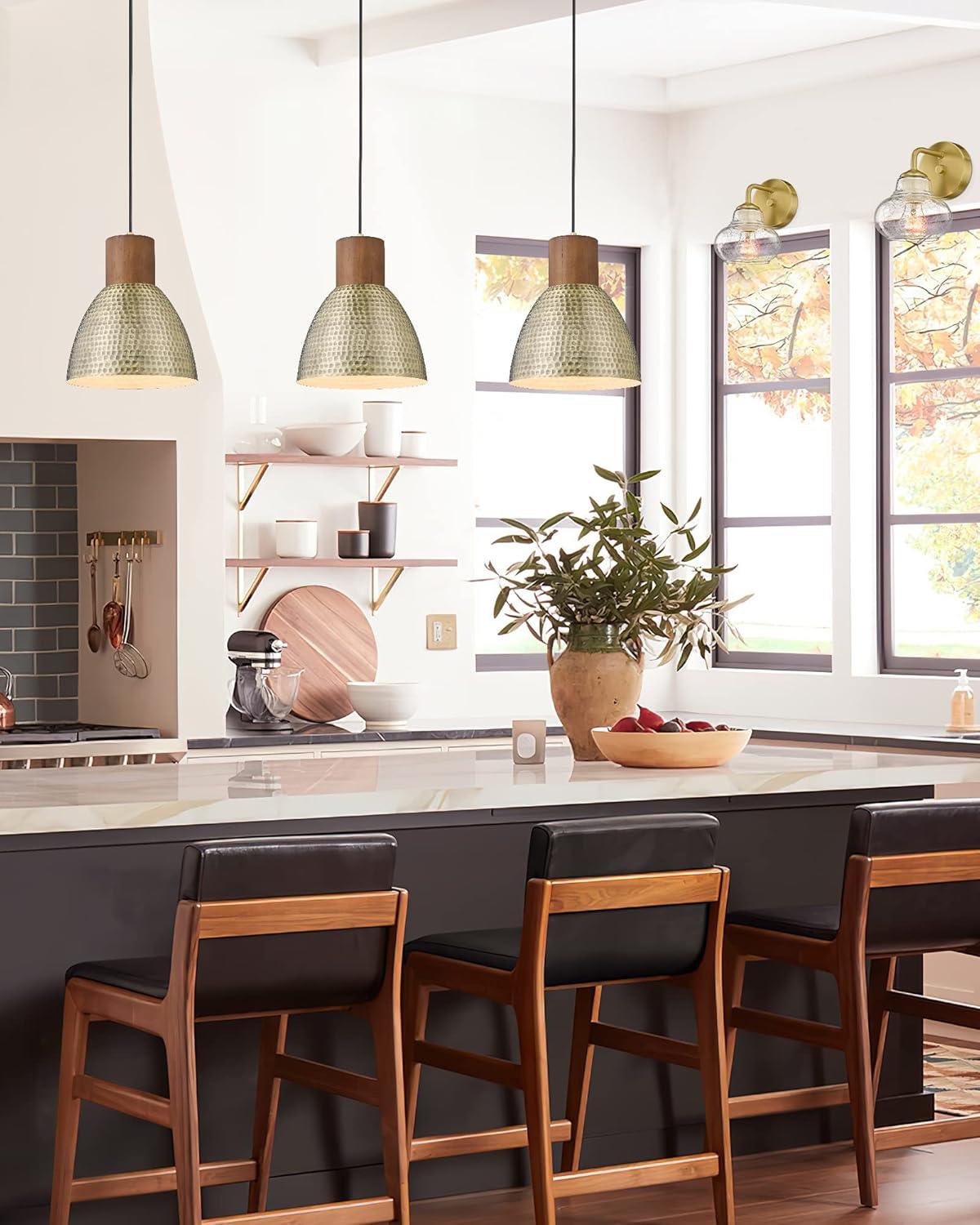 Vintage Brass and Wood Hammered Pendant Light