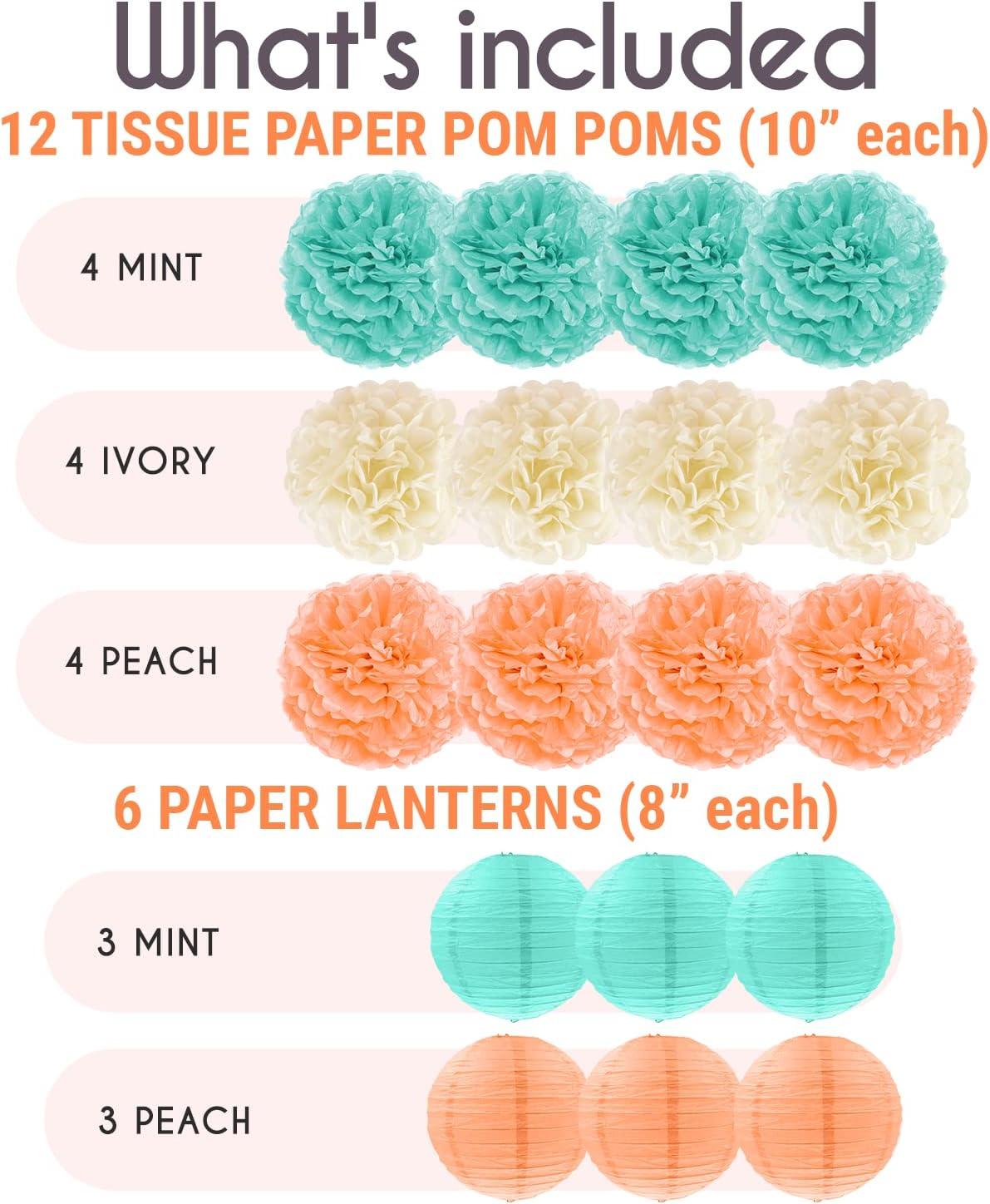 EpiqueOne 22-Piece Tissue Paper Pom Poms and Paper Lantern Party Kit - Add a Splash of Mint, Ivory & Peach to Your Celebrations!