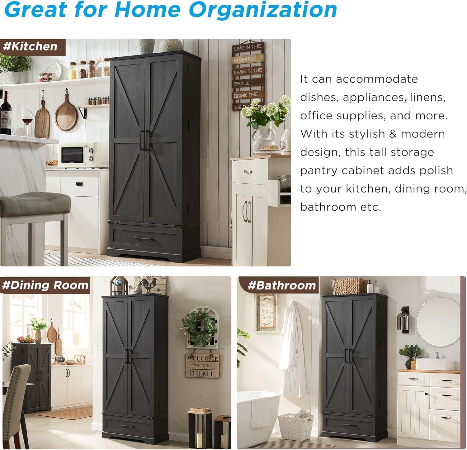 Svalin 72'' Farmhouse Kitchen Pantry, Tall Storage Cabinet with 2 Barn Doors and Adjustable Shelves