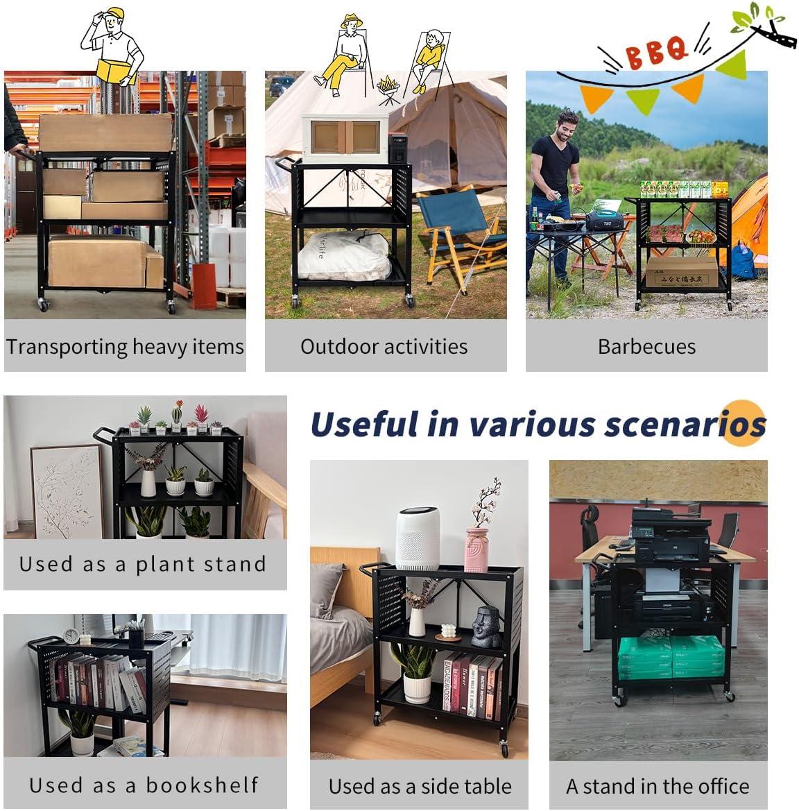 Lumizone 3-Tier Foldable Rolling Tool Cart with Wheels, Utility Cart with Pegboard and Hooks for Garage Organizer and Tool Storage, Power Tool Storage Cart on Wheels (Tool Cart+Hooks)